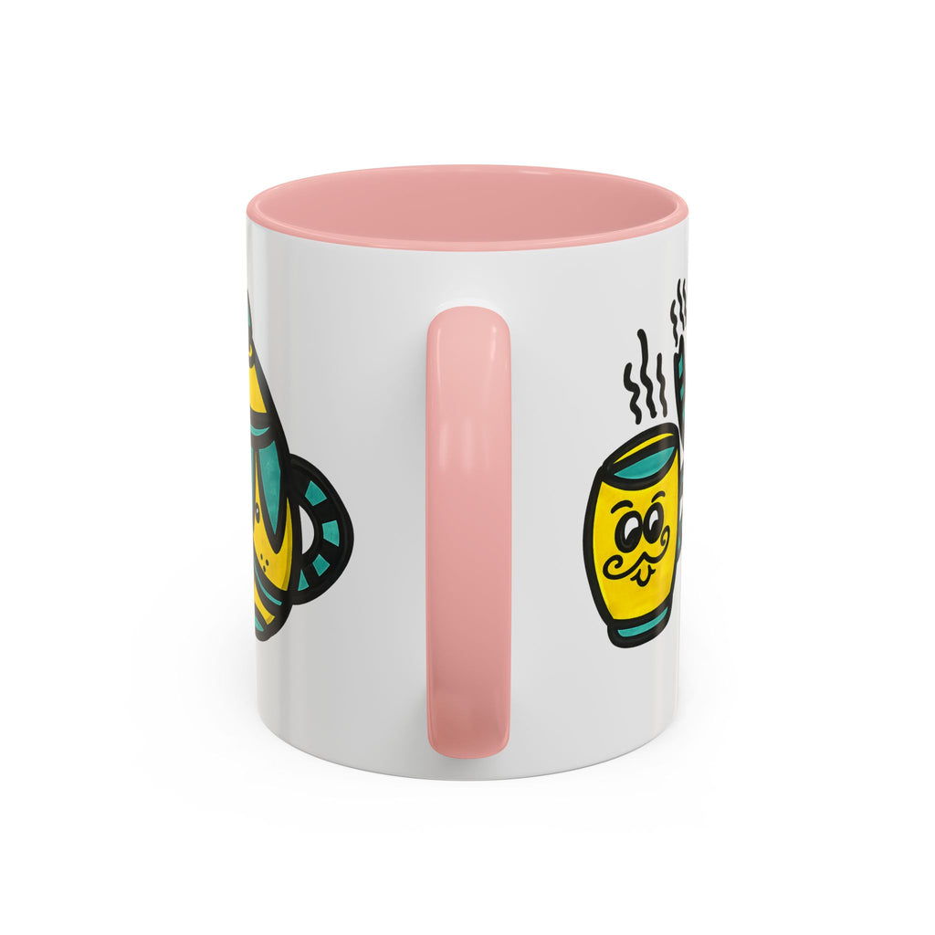 Hand-Drawn Yellow and Teal Mustache Teapot and Smiling Cup Mug | Accent Coffee Mug