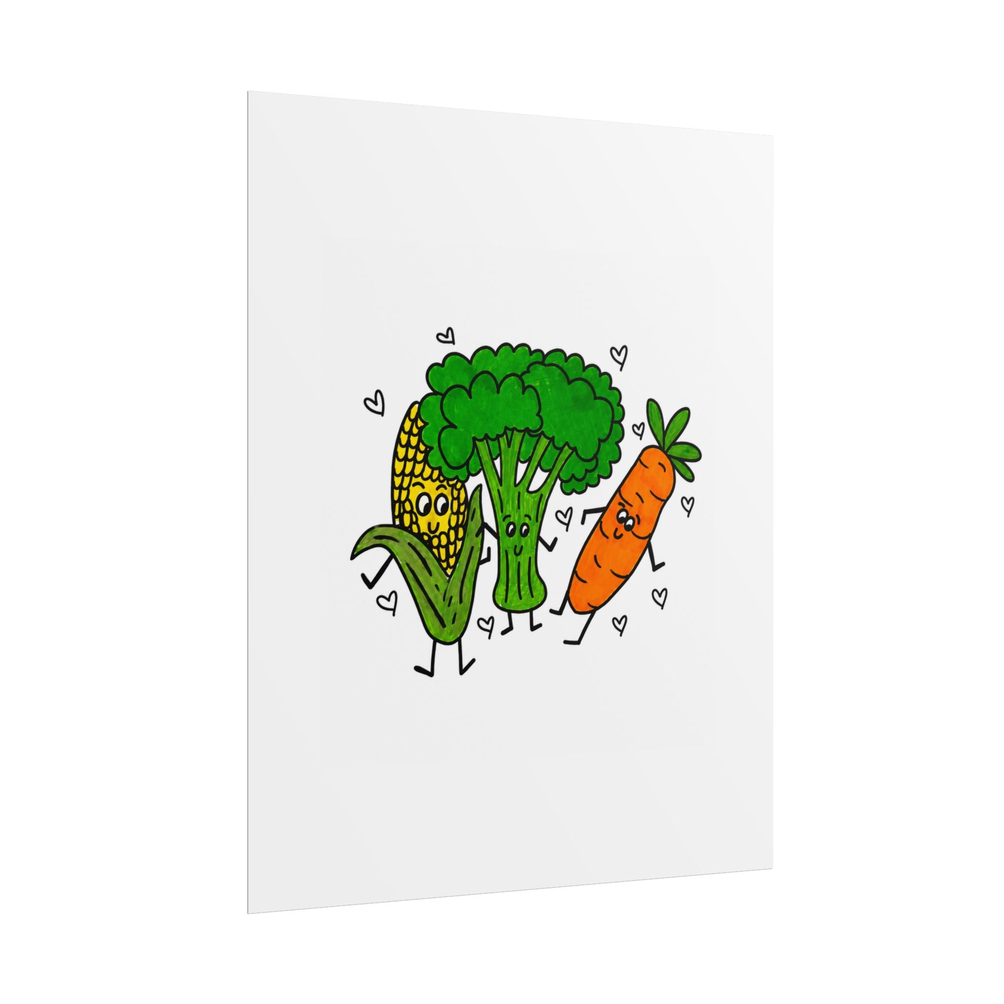 Hand-Drawn Cute Veggie Trio Poster | Corn Broccoli Carrot Wall Art