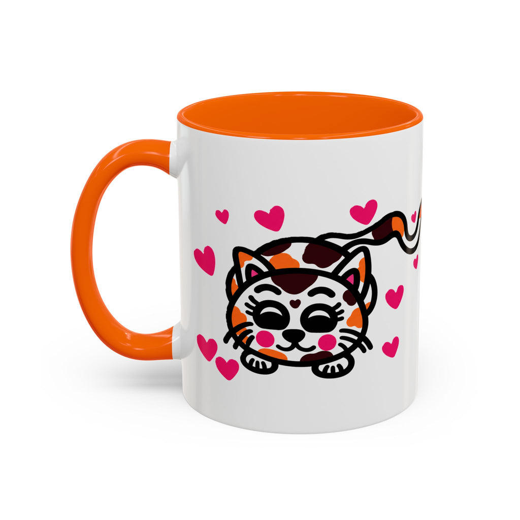 Hand-Drawn Calico Cat with Pink Hearts Mug | Accent Coffee Mug 11oz 15oz
