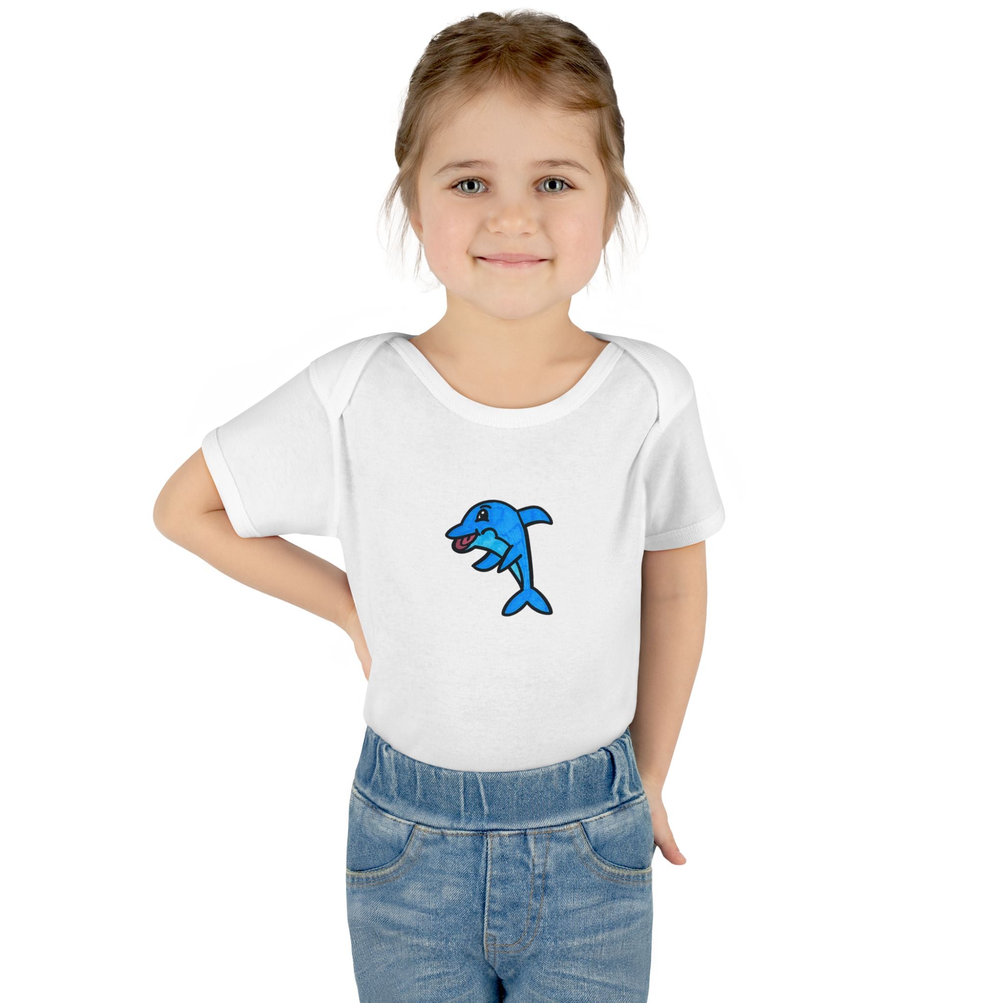 Hand-Drawn Cartoon Blue Dolphin Infant Bodysuit | Baby Onesie Ocean Animal