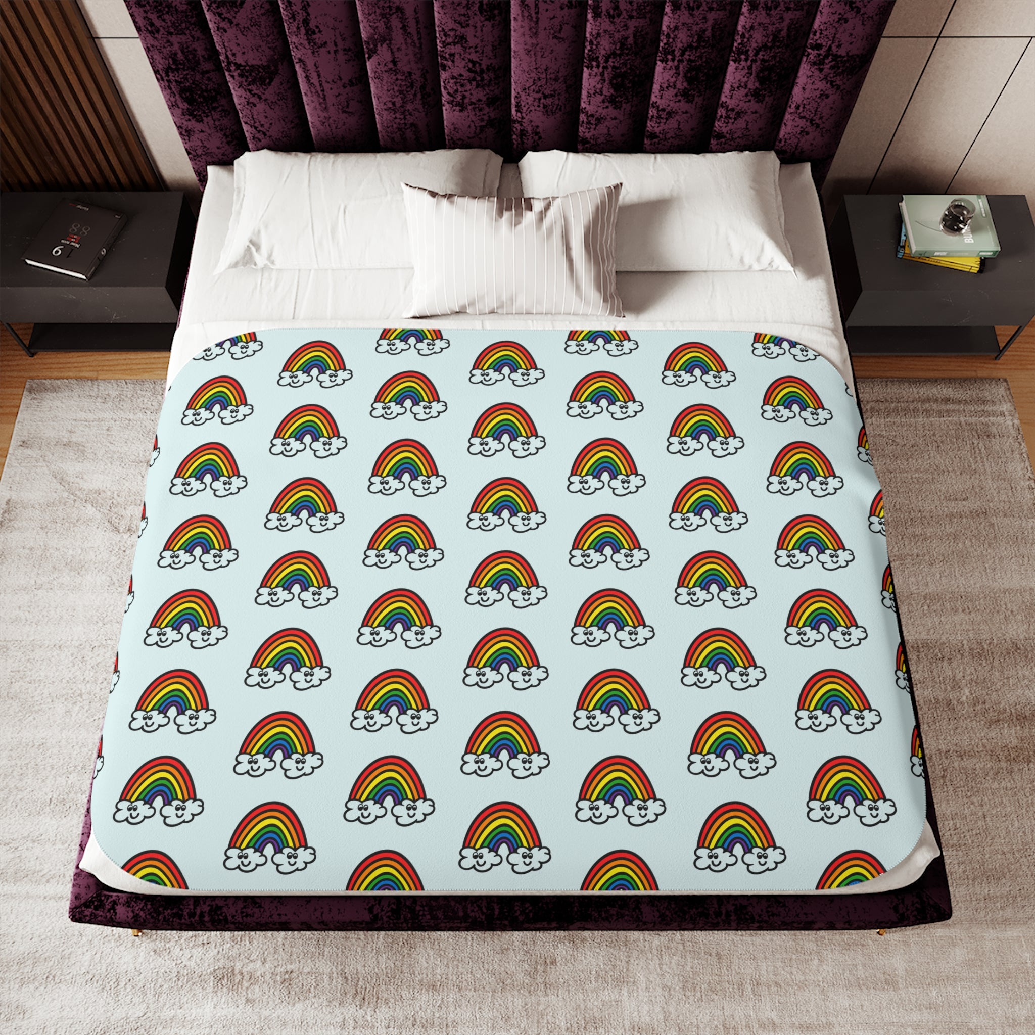 Hand-Drawn Retro Rainbow and Clouds Smiling Pattern Sherpa Blanket | Cute Rainbow Repeat Throw