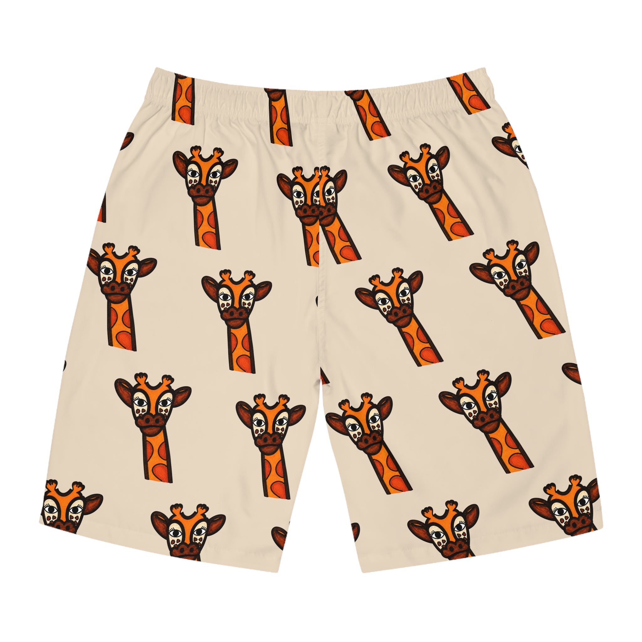 Hand-Drawn Cute Giraffe Pattern Board Shorts | All-Over Print Swim Trunks