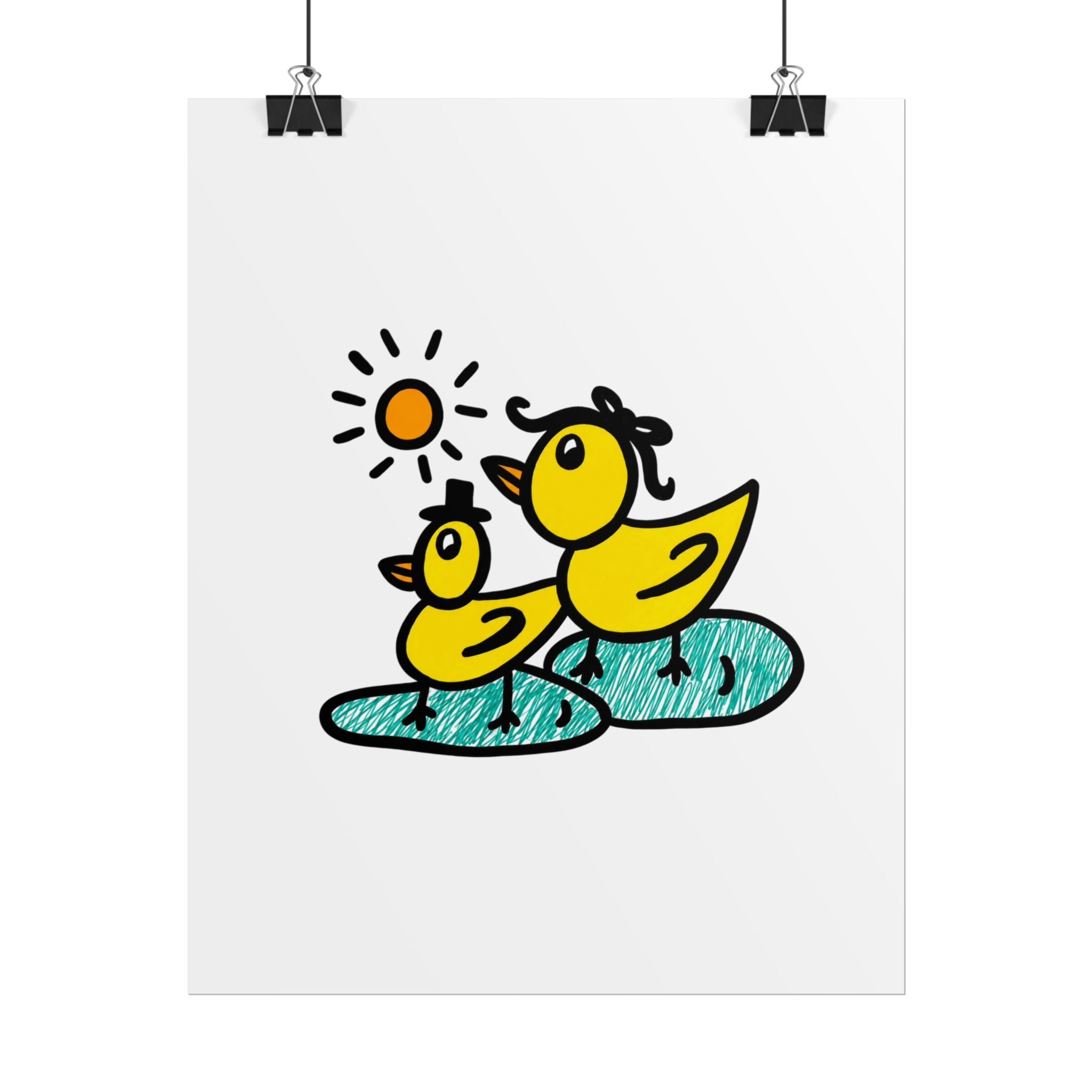 Hand-Drawn Mama Duck and Duckling Poster | Cute Duck Pond Illustration