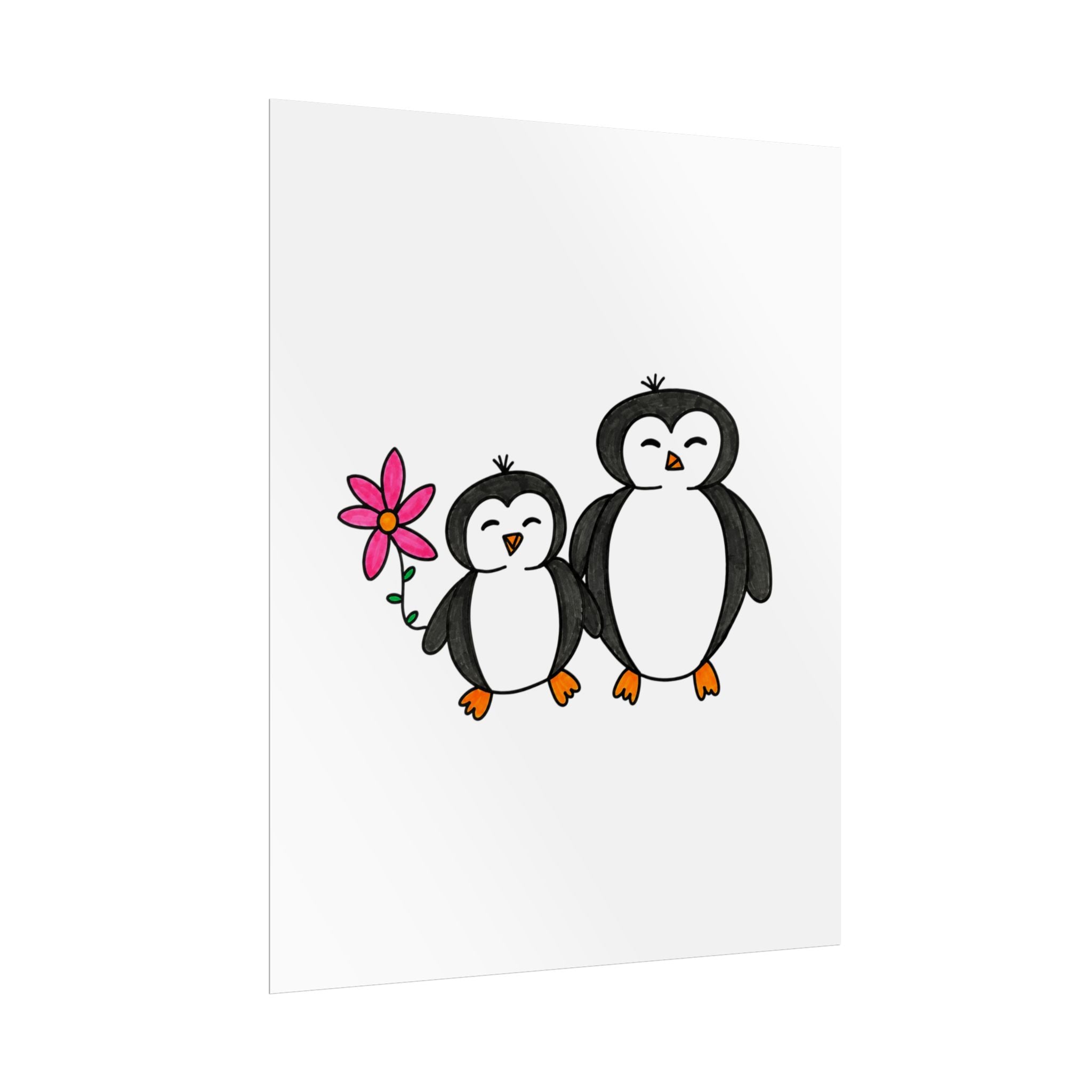 Hand-Drawn Cute Penguin Duo holding Flower Poster | Nursery Wall Art, Animal Print
