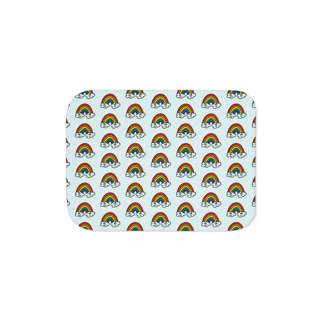 Hand-Drawn Retro Rainbow and Clouds Smiling Pattern Sherpa Blanket | Cute Rainbow Repeat Throw