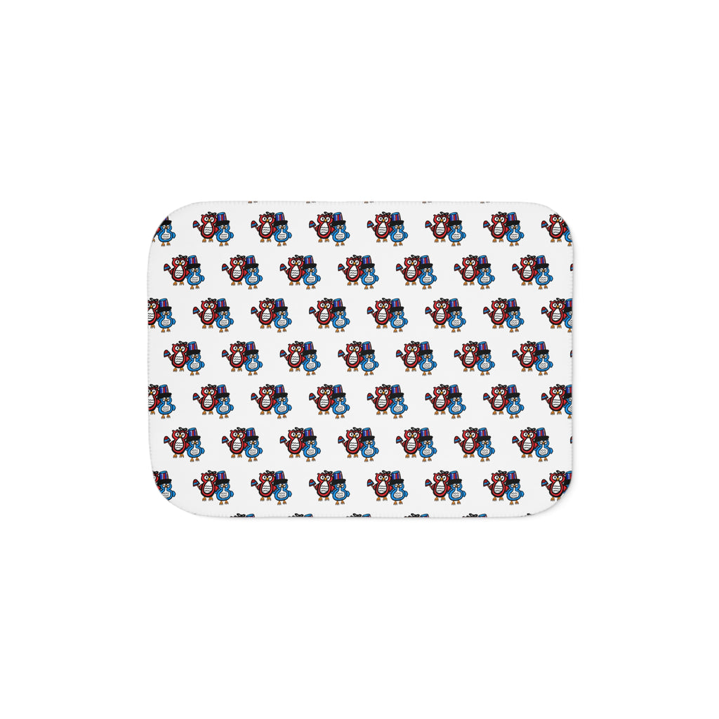 Hand-Drawn Blue and Red Patriotic Owl Pattern Sherpa Blanket | Repeating Whimsical Design