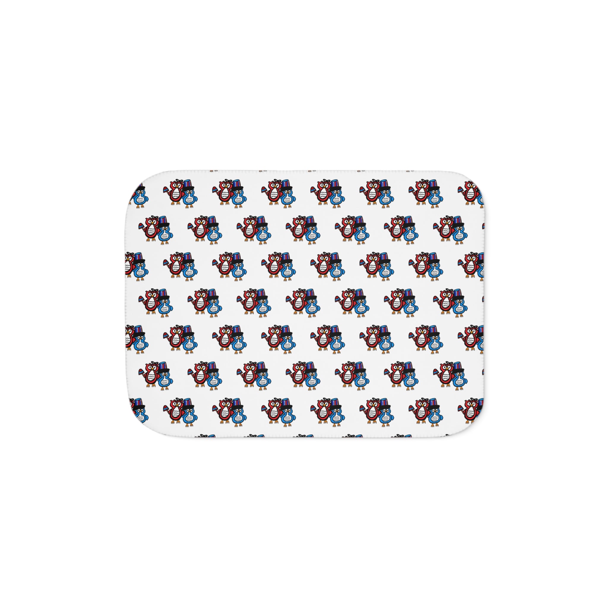 Hand-Drawn Blue and Red Patriotic Owl Pattern Sherpa Blanket | Repeating Whimsical Design