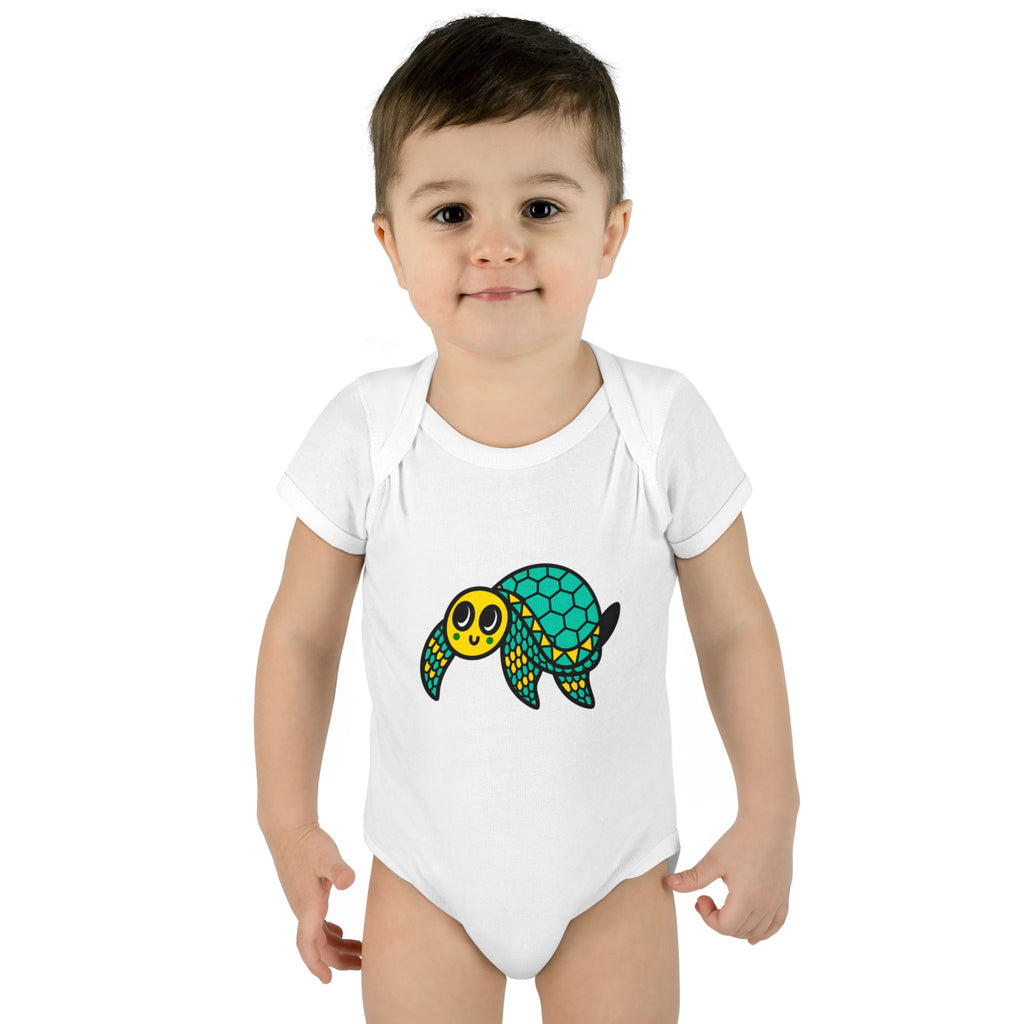Hand-Drawn Cute Sea Turtle Illustration Infant Bodysuit | Teal Yellow Baby Turtle