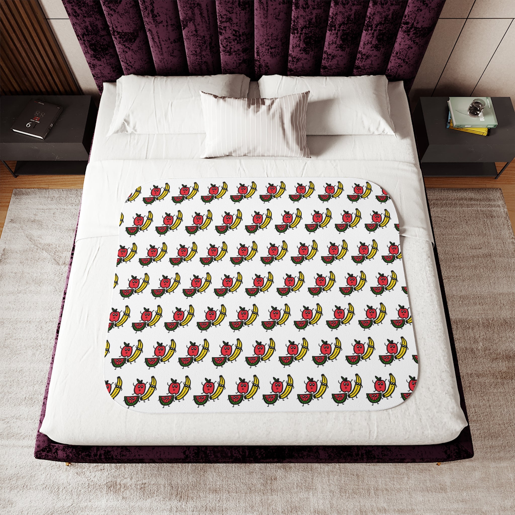 Hand-Drawn Apple Banana Watermelon Sherpa Blanket | Fruit Pattern Throw