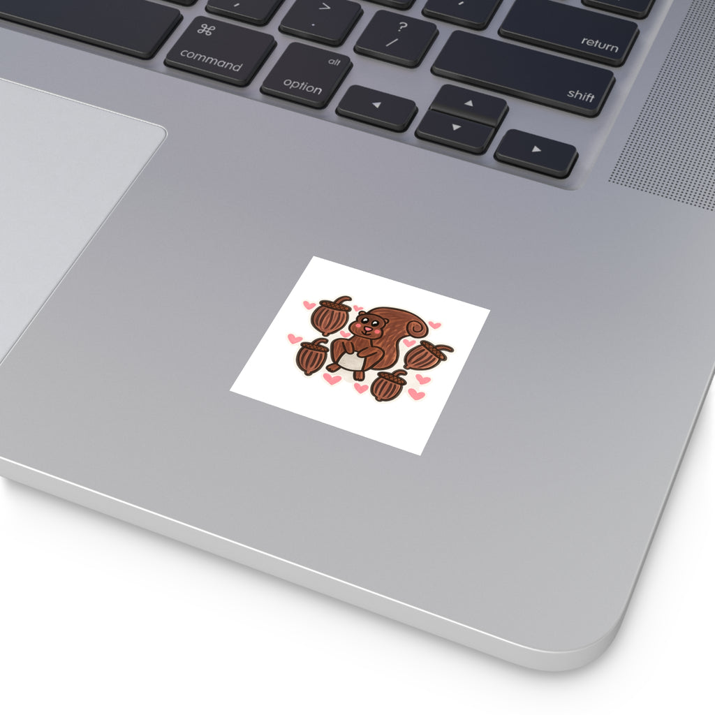 Hand-Drawn Cute Squirrel with Acorns Square Sticker | Indoor Outdoor