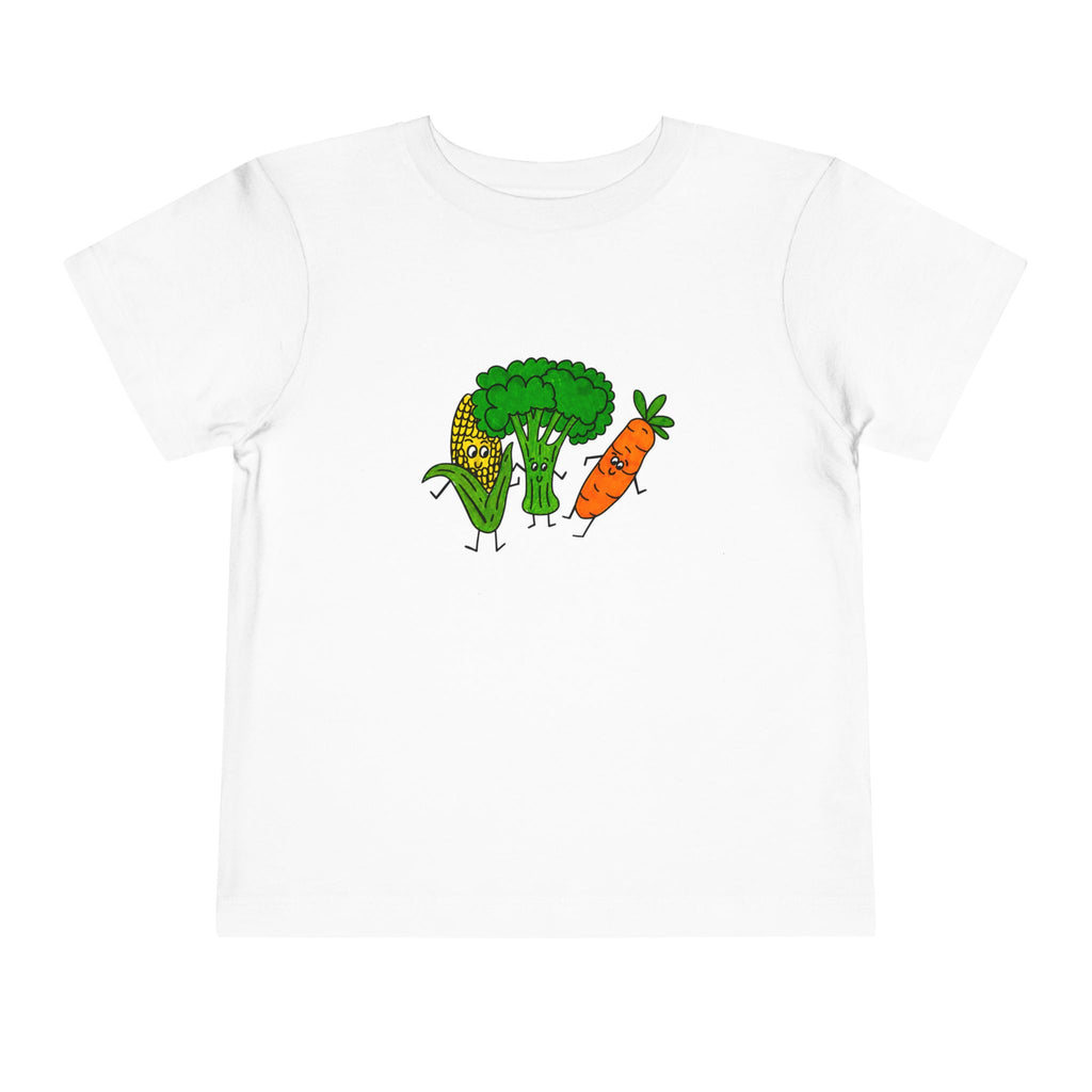 Hand-Drawn Happy Veggies trio Toddler Tee | Corn Broccoli Carrot kids shirt