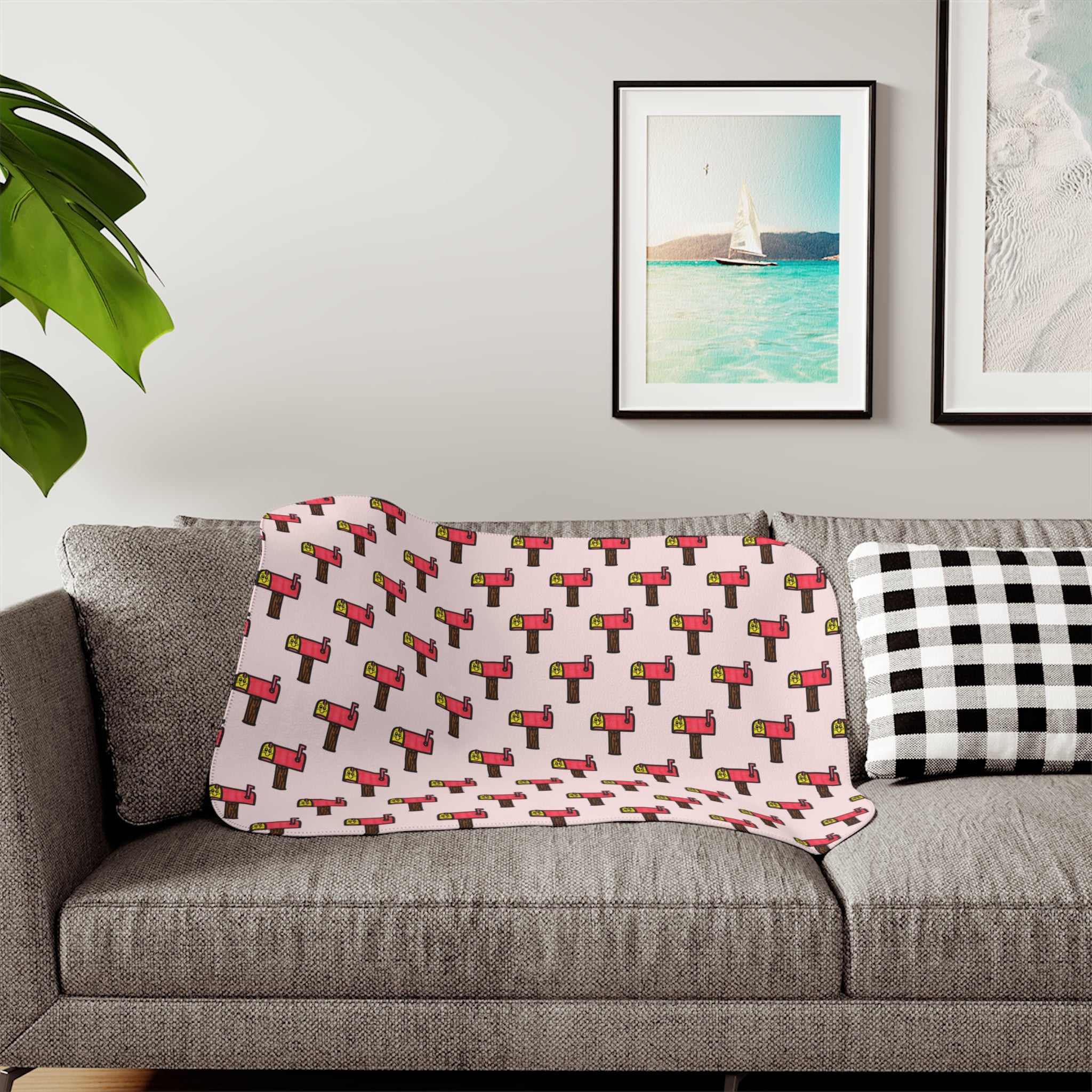Hand-Drawn Retro Mailbox Pattern Sherpa Blanket | Cute Postal Print, Pink Background