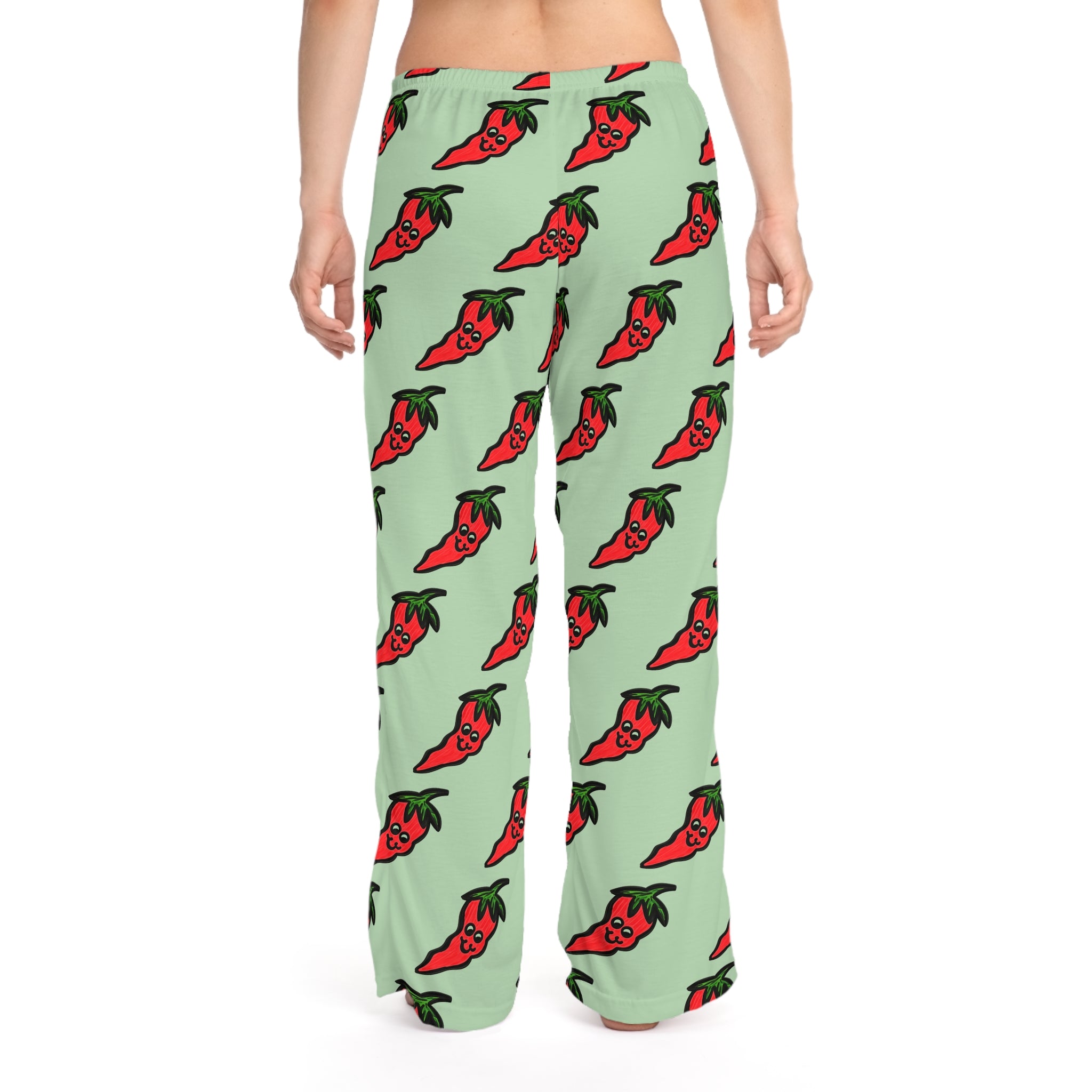 Hand-Drawn Cute Chili Pepper Pattern Pajama Pants | green, red veggie all-over print