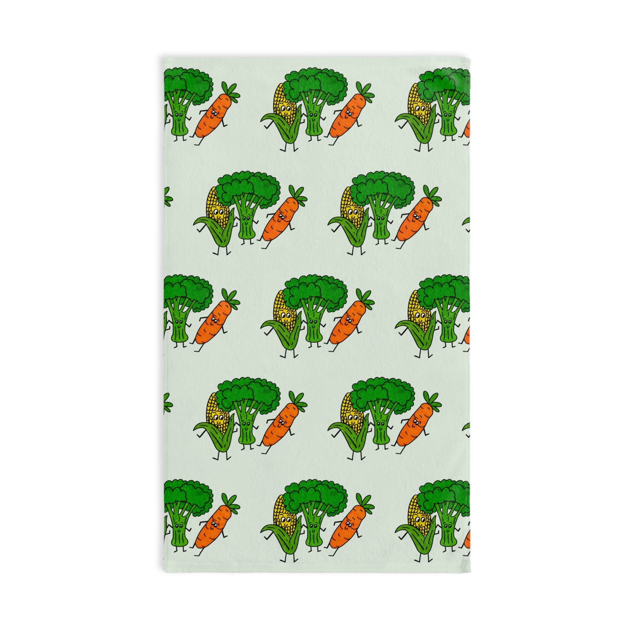 Hand-Drawn Smiling Veggies Corn Carrot Broccoli Hand Towel | Kitchen Tea Towel, Cute Produce Design