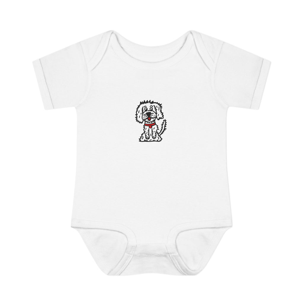 Hand-Drawn Fluffy White Dog with Red Collar Infant Bodysuit