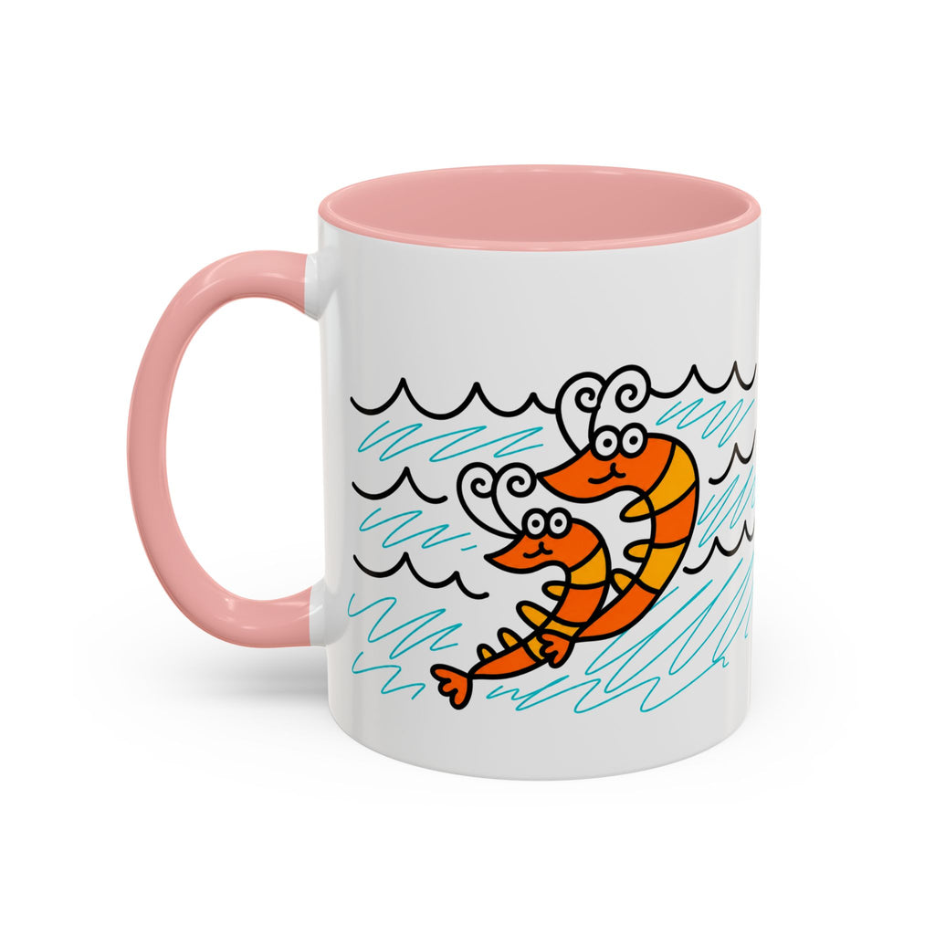 Hand-Drawn Two Shrimp Ocean Waves Mug | Coastal Seafood Ceramic Coffee Mug