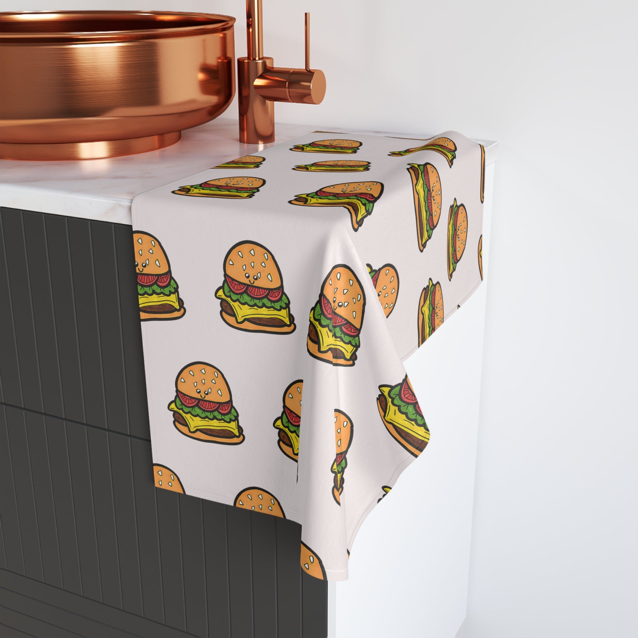 Hand-Drawn Cartoon Cheeseburger Pattern Hand Towel | Fast Food Kitchen Decor