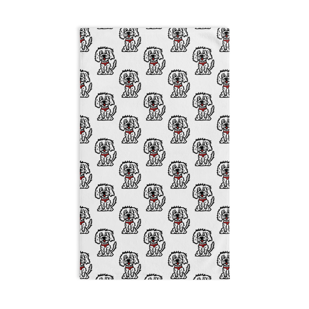 Hand-Drawn Cartoon Fluffy White Dog with Red Collar Pattern Hand Towel | Cute Dog Repeat Design