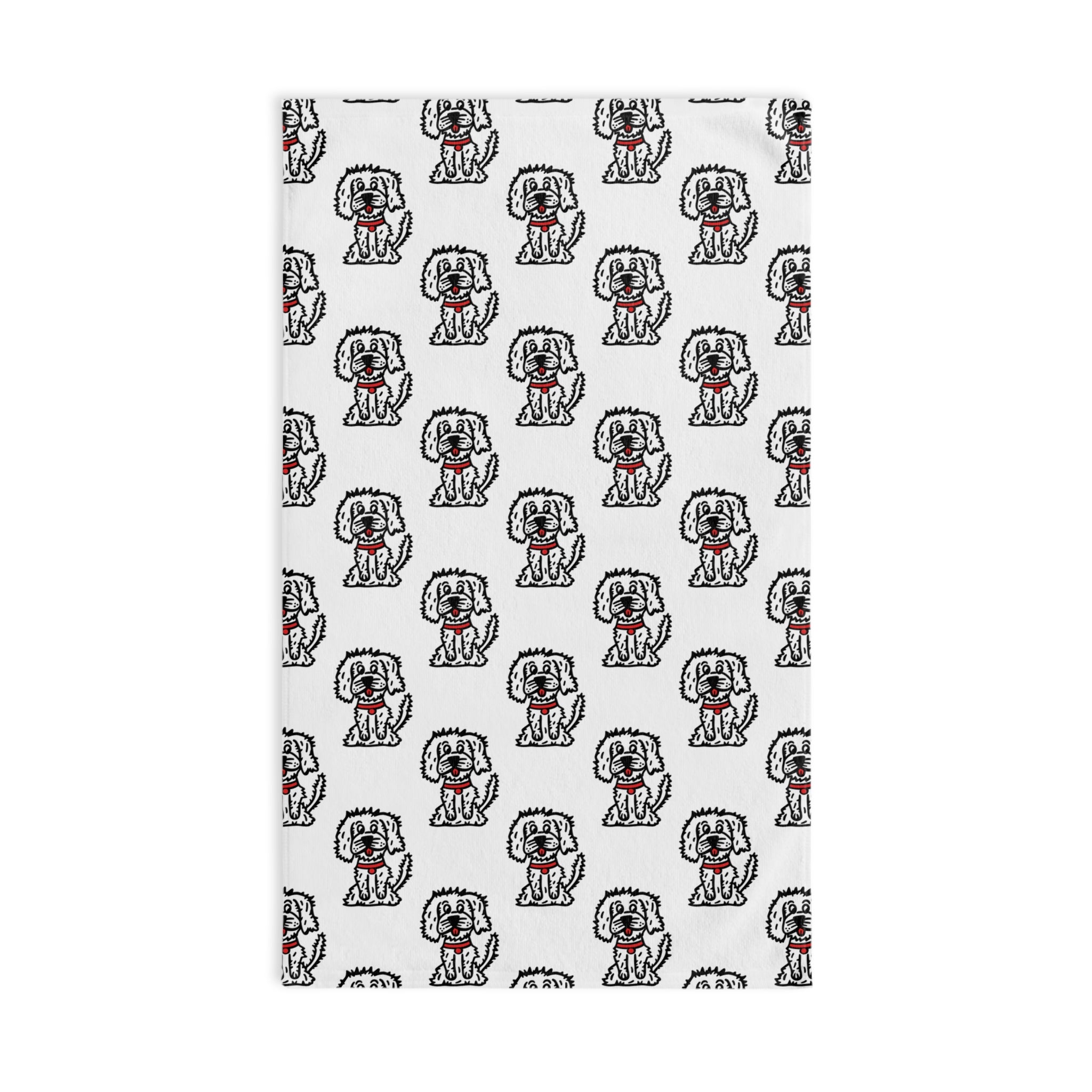 Hand-Drawn Cartoon Fluffy White Dog with Red Collar Pattern Hand Towel | Cute Dog Repeat Design