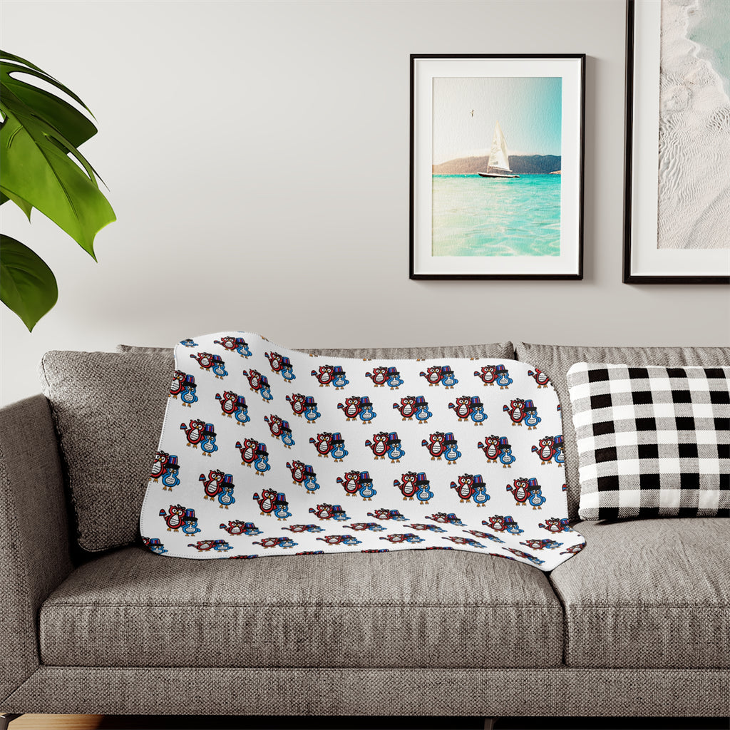 Hand-Drawn Blue and Red Patriotic Owl Pattern Sherpa Blanket | Repeating Whimsical Design