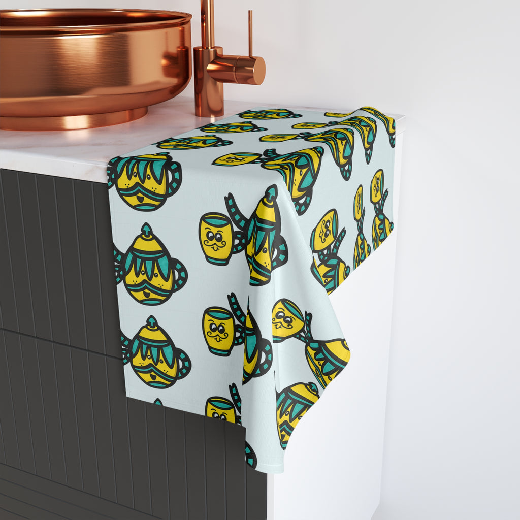 Hand-Drawn Yellow and Teal Mustache Teapot and Mug Pattern Hand Towel | Cute Teatime Kitchen Linen