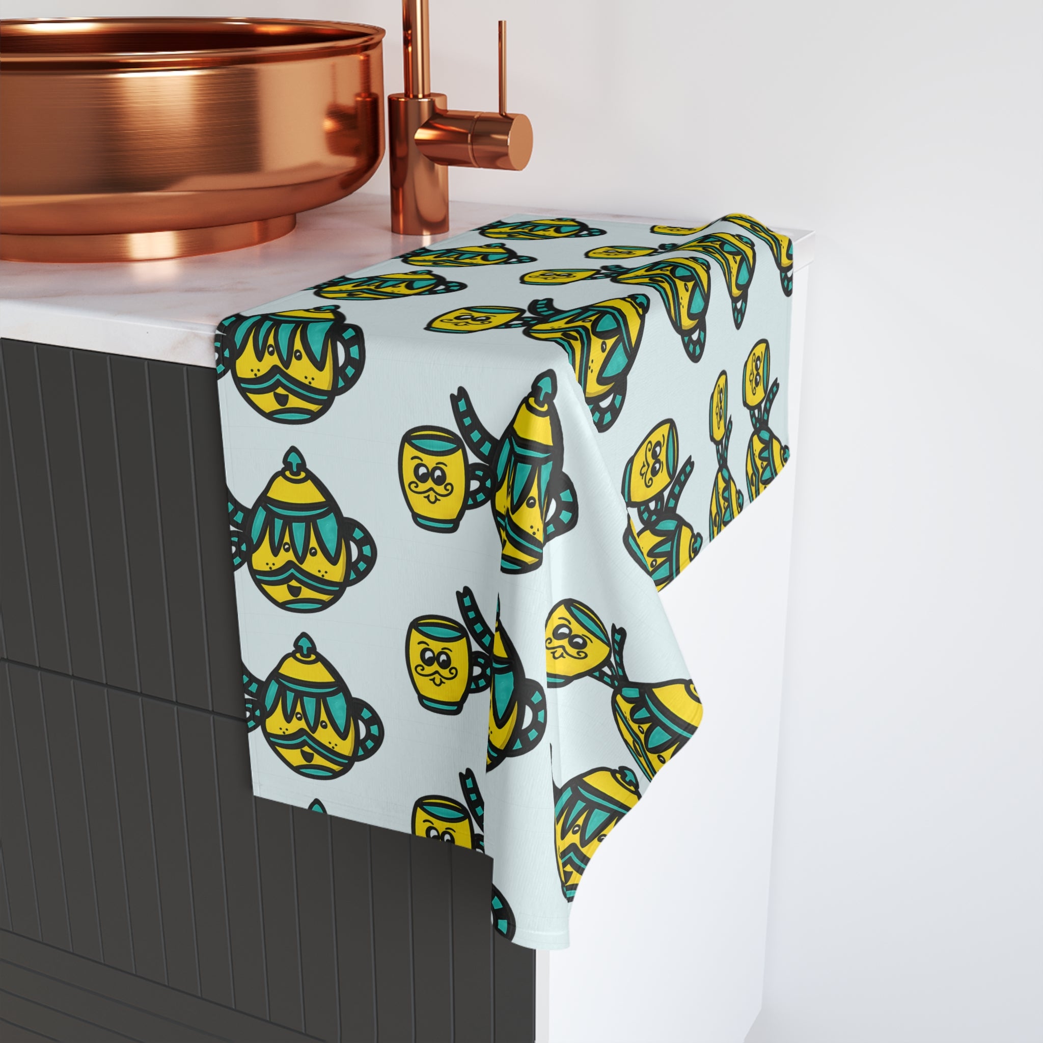 Hand-Drawn Yellow and Teal Mustache Teapot and Mug Pattern Hand Towel | Cute Teatime Kitchen Linen