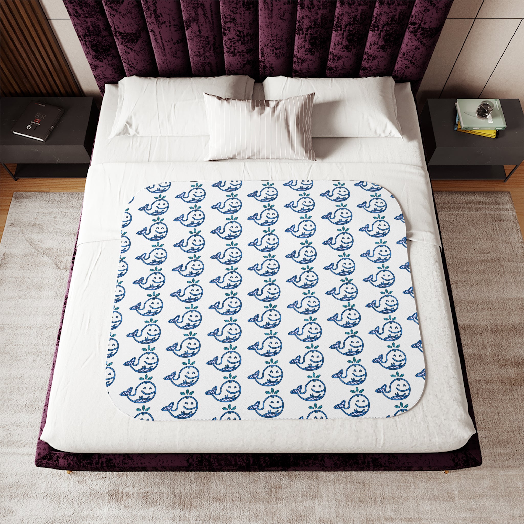 Hand-Drawn Blue Nautical Whale Pattern Sherpa Blanket | Cozy Ocean, Beach house Animal Throw