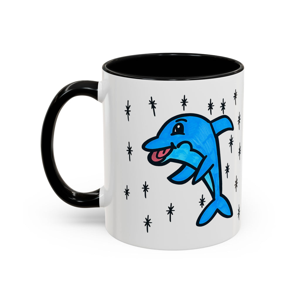 Hand-Drawn Cute Blue Dolphin Mug | Cartoon Dolphin Coffee Mug, Accent Inner Color