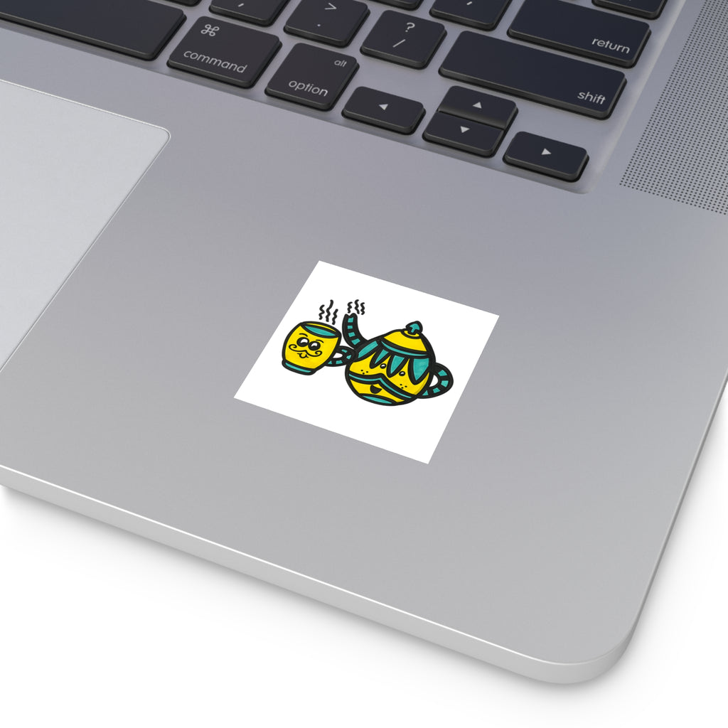 Hand-Drawn Yellow and Teal Cute Mustache Teapot and Mug Sticker square sticker | Indoor Outdoor