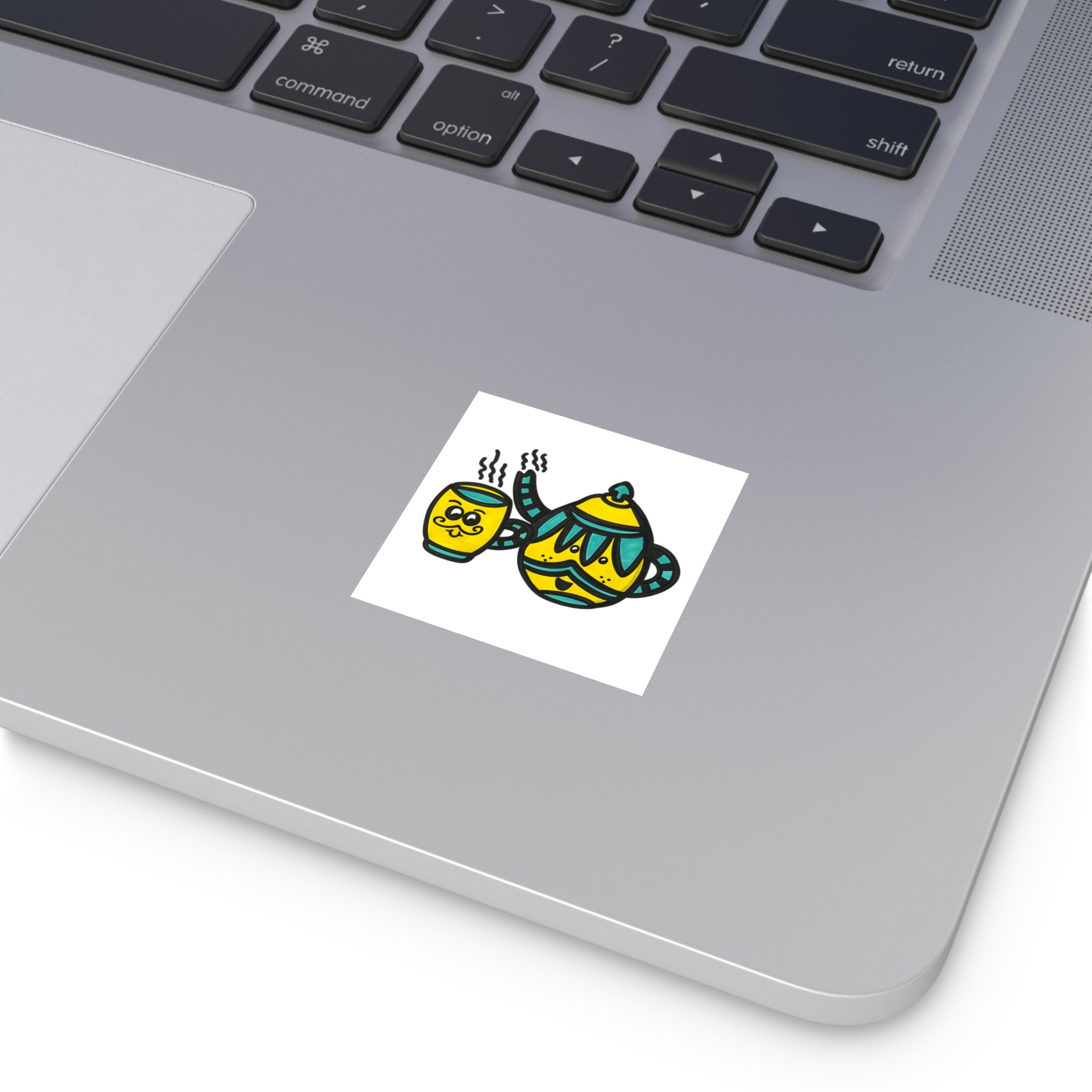Hand-Drawn Yellow and Teal Cute Mustache Teapot and Mug Sticker square sticker | Indoor Outdoor