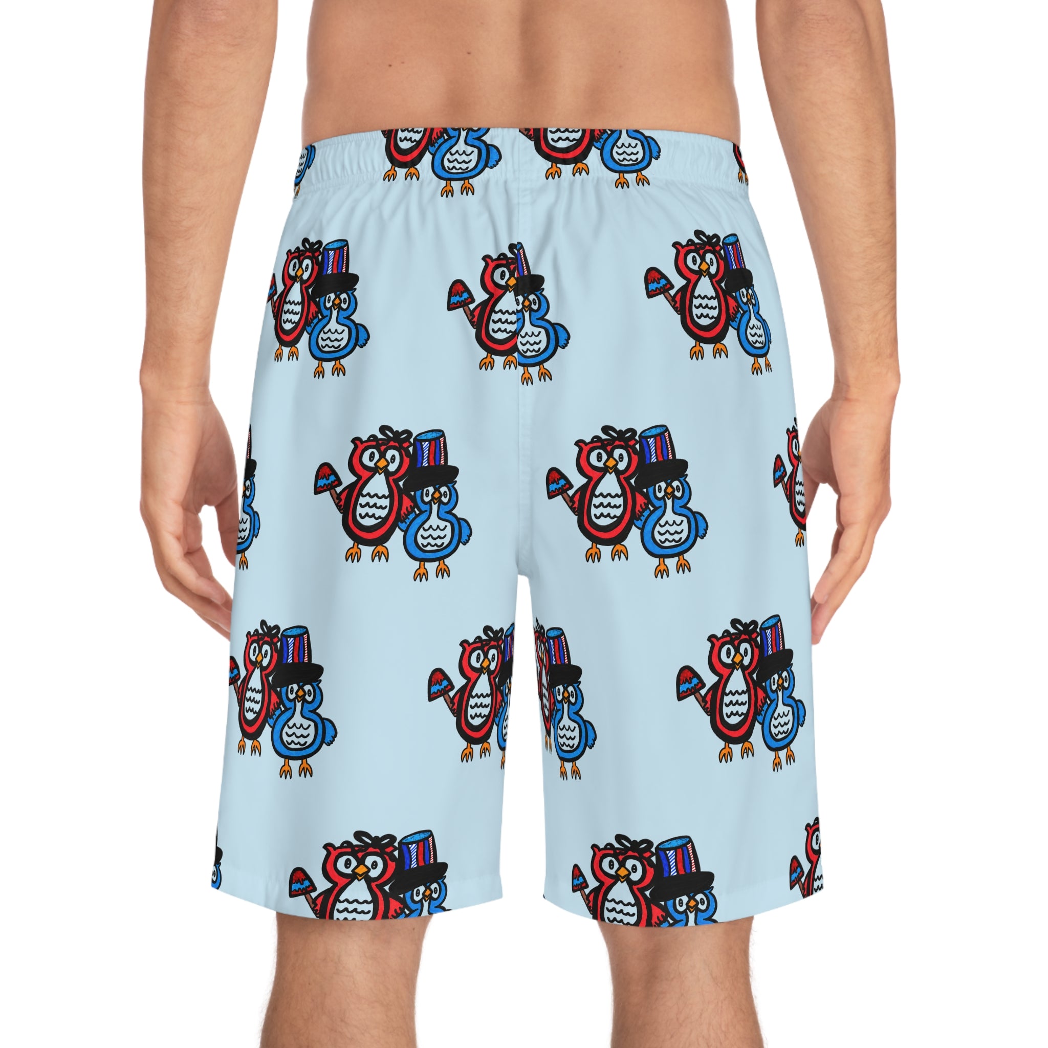 Hand-Drawn Cartoon Patriotic Owl Pattern Men's Board Shorts | All-Over Print