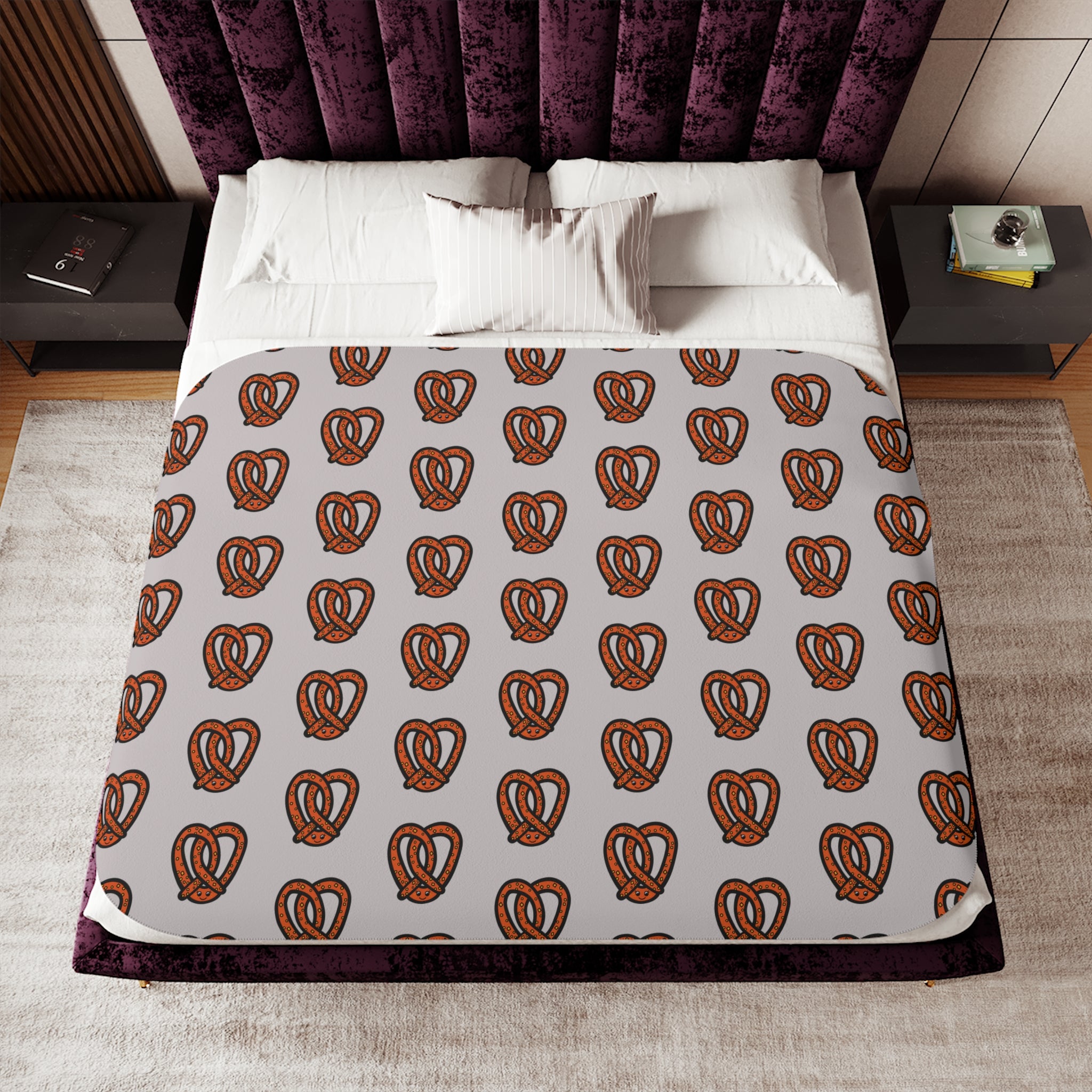 Hand-Drawn Brown Salted Pretzel Pattern Sherpa Blanket | Cozy Snack Print, Neutral Kitchen Throw