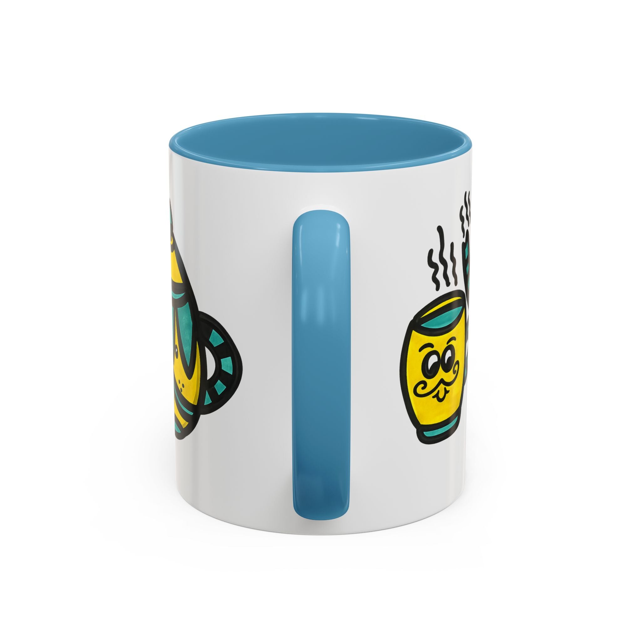Hand-Drawn Yellow and Teal Mustache Teapot and Smiling Cup Mug | Accent Coffee Mug