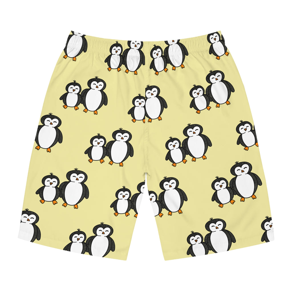 Hand-Drawn Cute Penguin Pattern Men's Board Shorts | Yellow All-Over Print