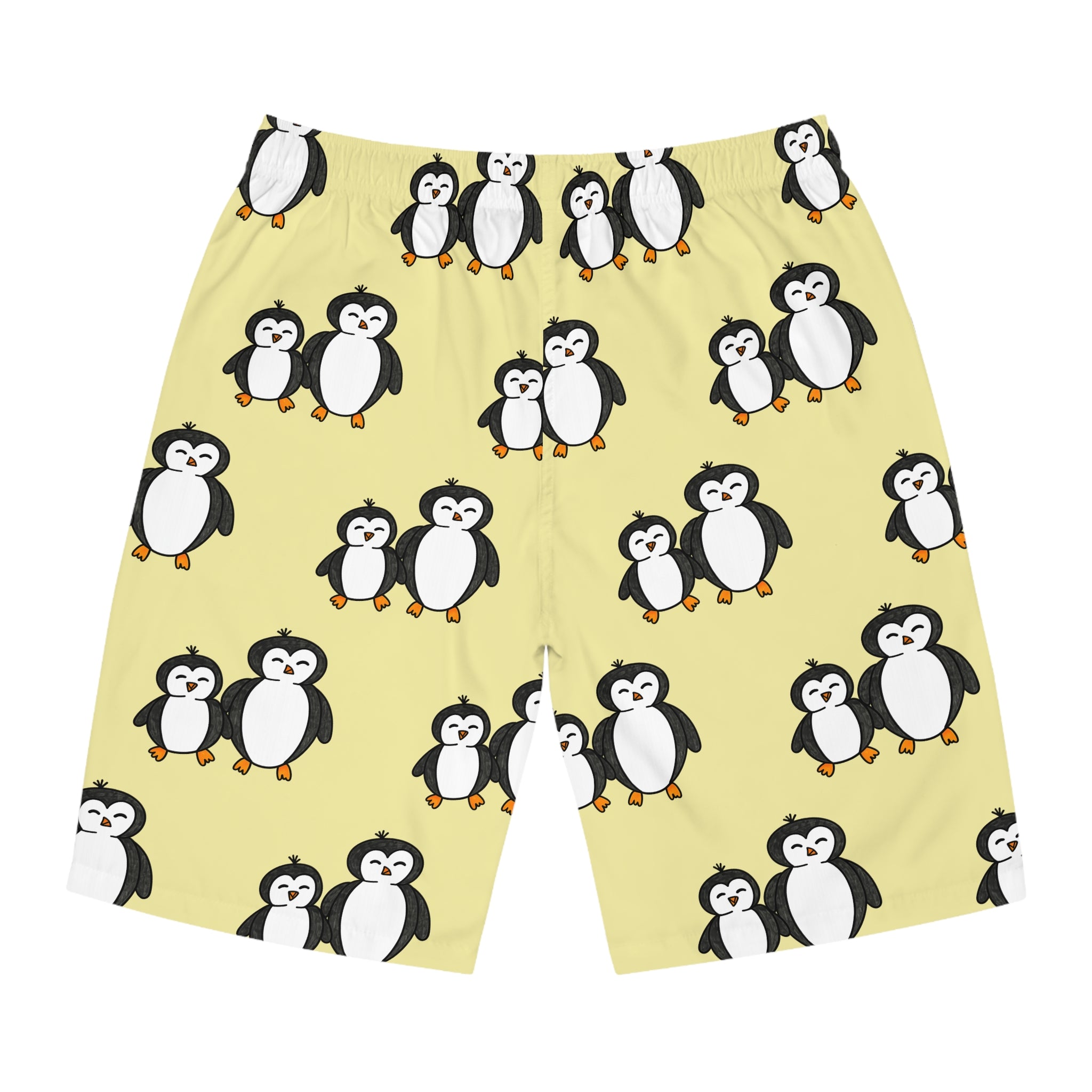 Hand-Drawn Cute Penguin Pattern Men's Board Shorts | Yellow All-Over Print