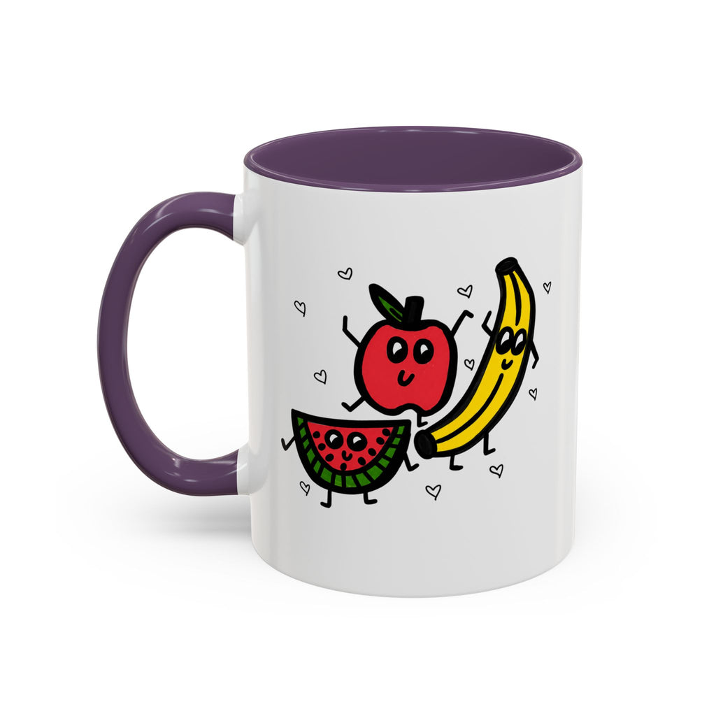 Hand-Drawn Smiling Banana Apple Watermelon Mug | Cute Fruit Faces Coffee Cup