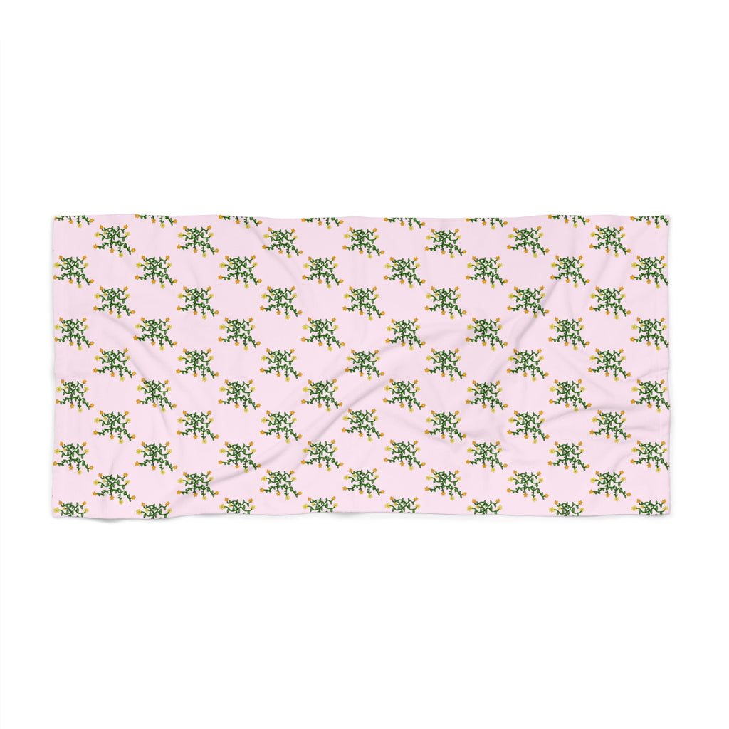 Hand-Drawn Yellow Orange Pink Flowers on Green Vine Beach Towel