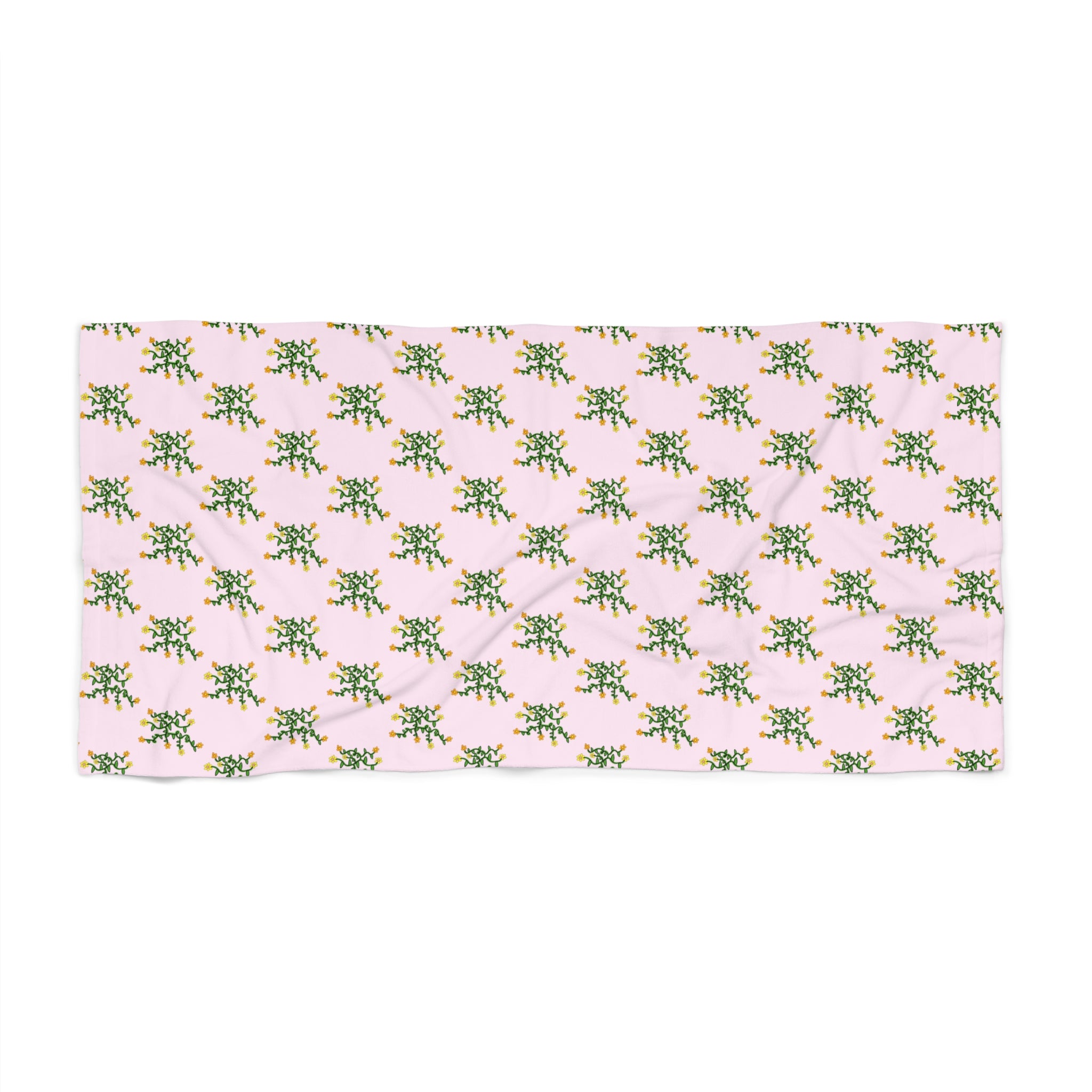 Hand-Drawn Yellow Orange Pink Flowers on Green Vine Beach Towel