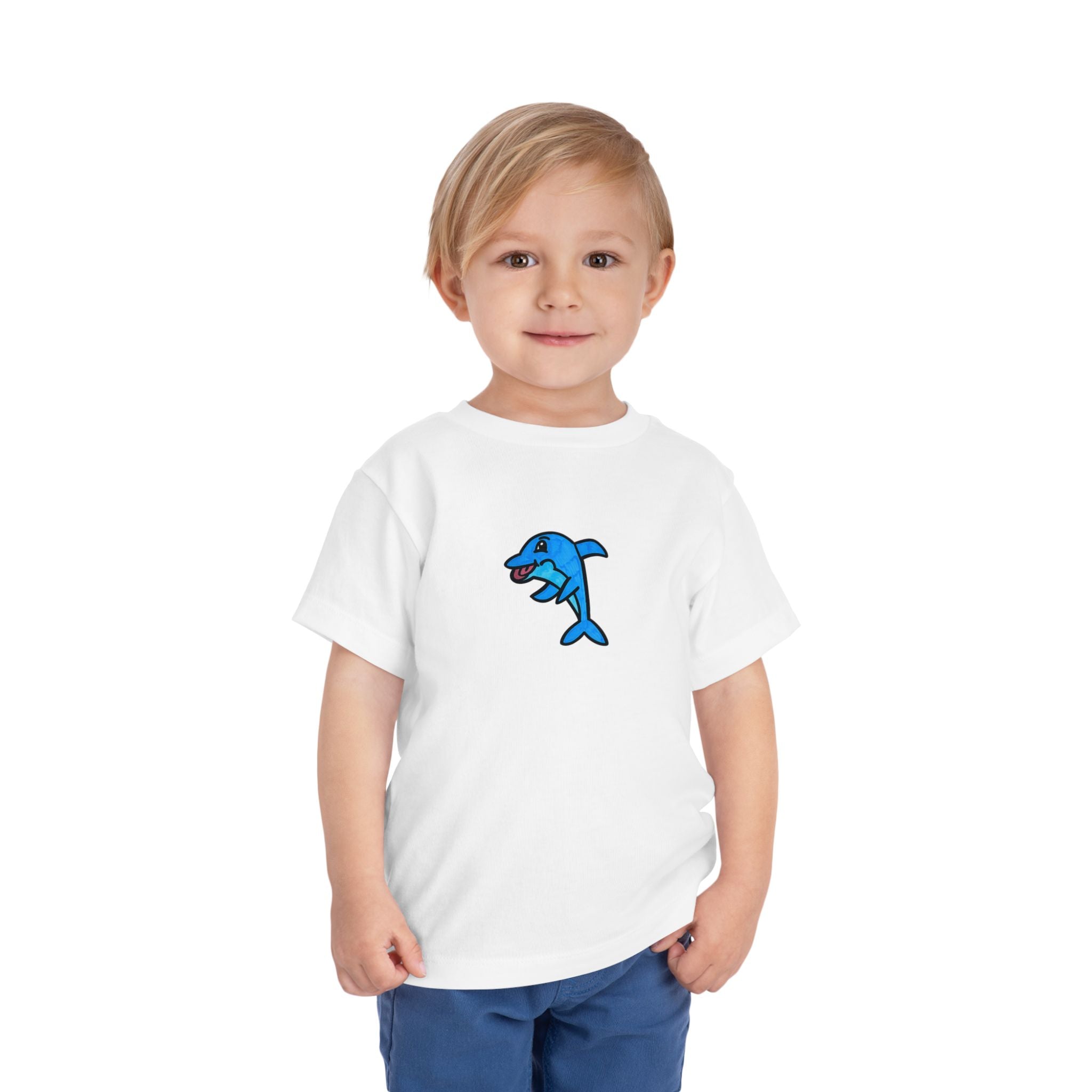 Hand-Drawn Blue Cartoon Dolphin Toddler Tee | Cute Sea Animal Kids Shirt