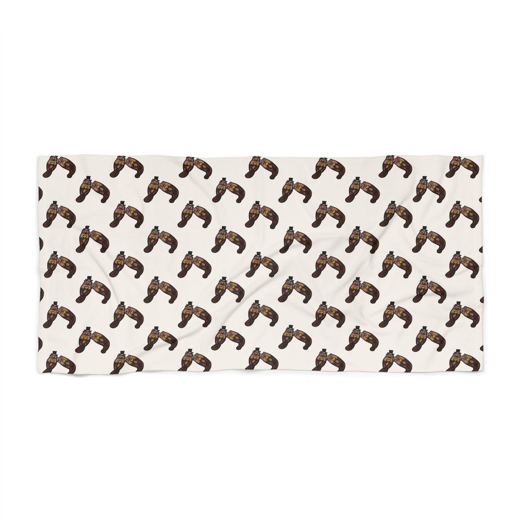 Hand-Drawn Brown Otter Pattern Beach Towel | Cute Animal with Seashell Repeat Print