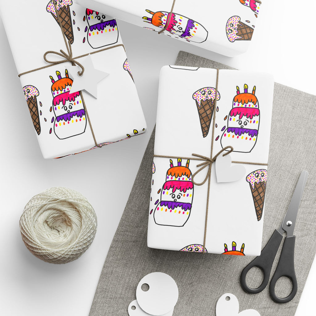 Hand-Drawn Colorful Birthday Party Wrapping Paper | Birthday Gift Wrap, Cute Cake, Ice Cream Pattern