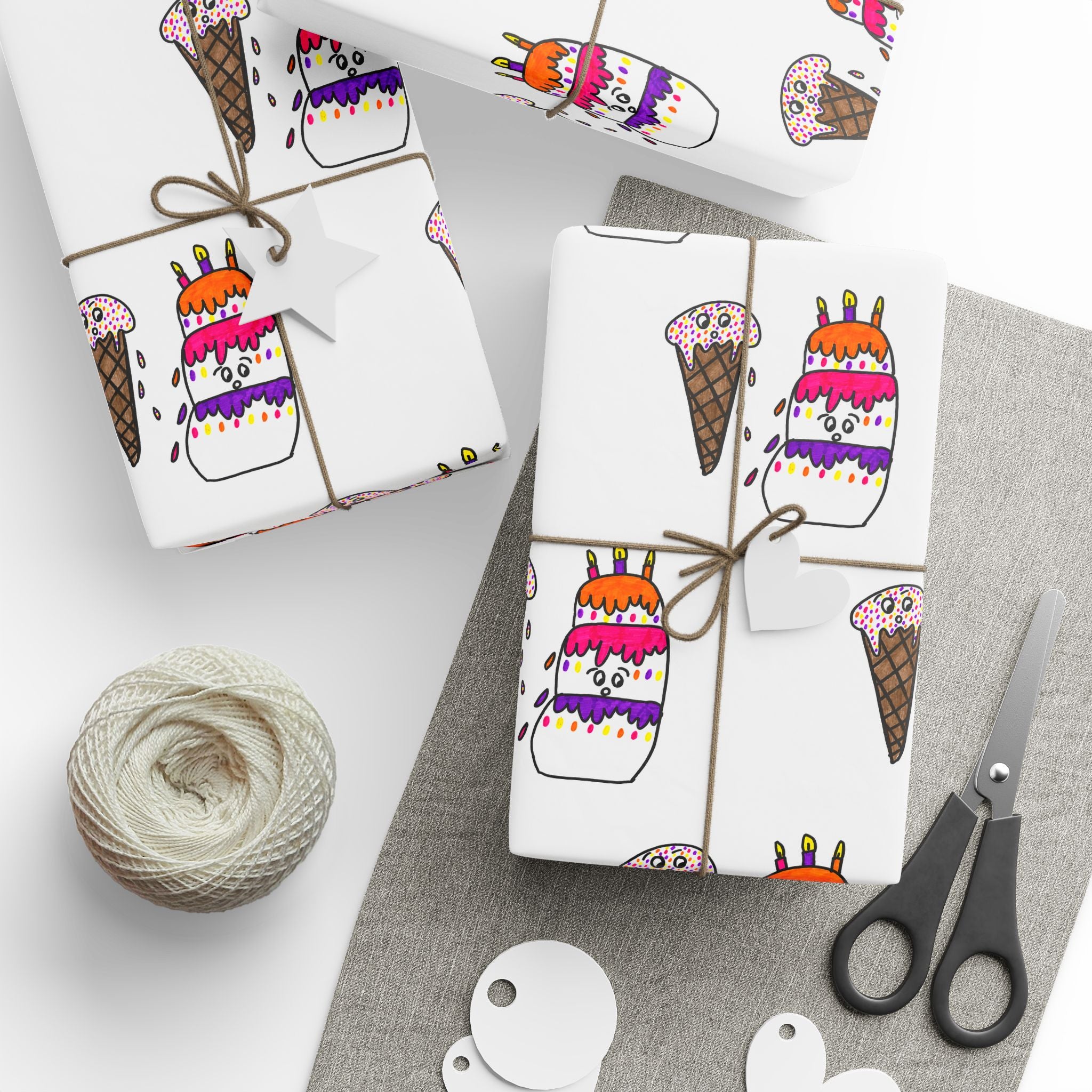 Hand-Drawn Colorful Birthday Party Wrapping Paper | Birthday Gift Wrap, Cute Cake, Ice Cream Pattern