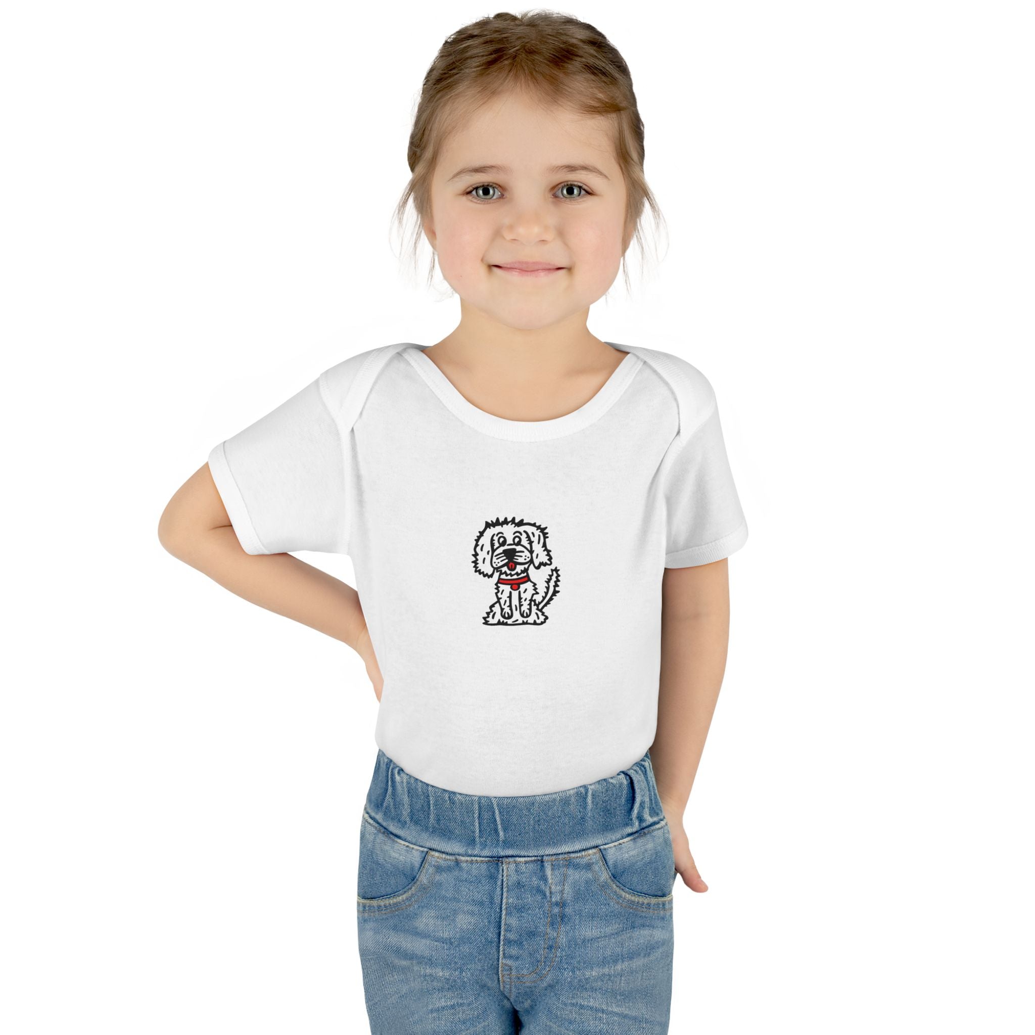 Hand-Drawn Fluffy White Dog with Red Collar Infant Bodysuit