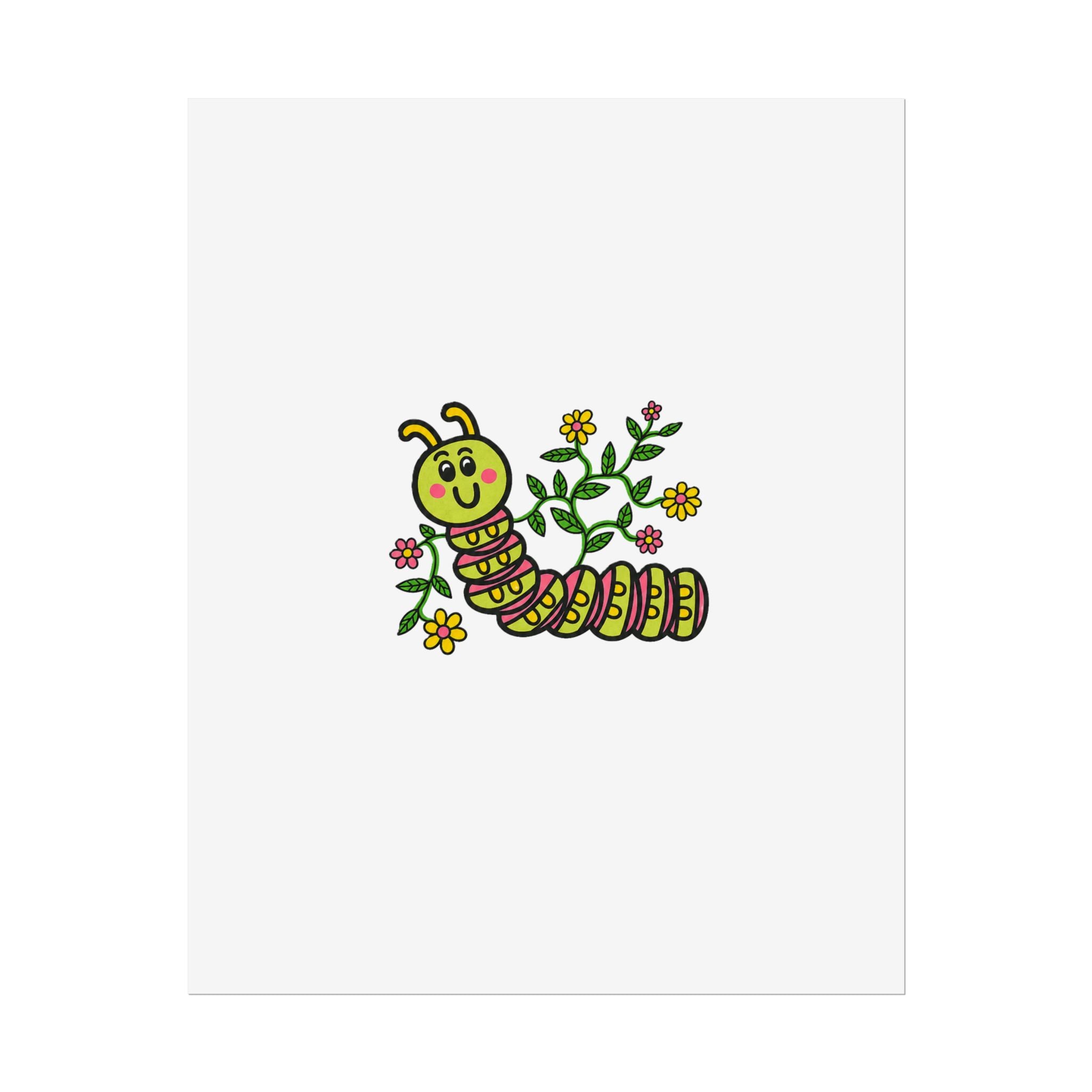 Hand-Drawn Cute Caterpillar Illustration Rolled Poster | Floral Kids Nursery Art