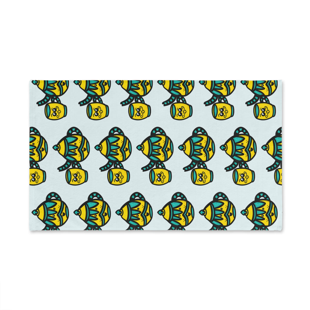 Hand-Drawn Yellow and Teal Mustache Teapot and Mug Pattern Hand Towel | Cute Teatime Kitchen Linen