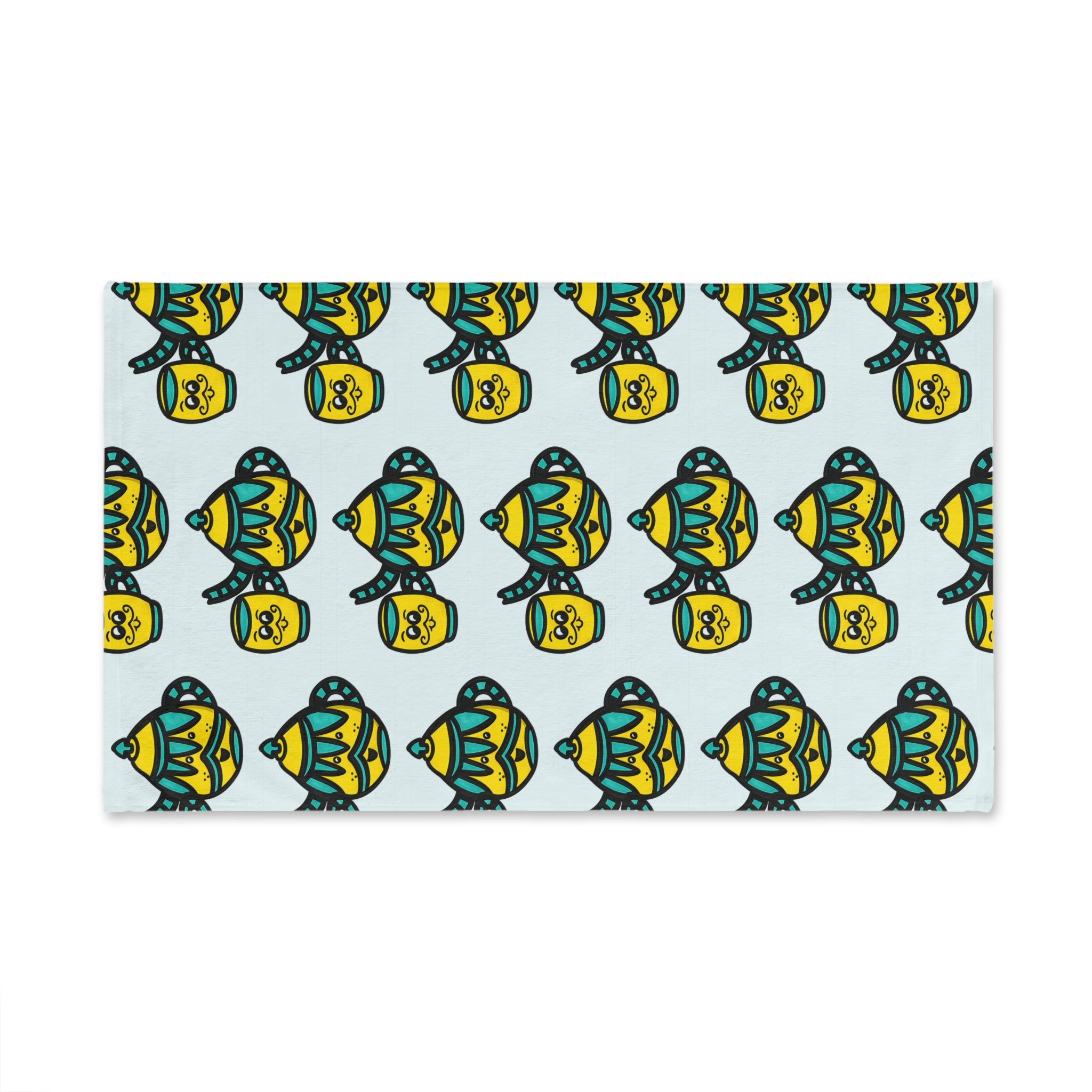 Hand-Drawn Yellow and Teal Mustache Teapot and Mug Pattern Hand Towel | Cute Teatime Kitchen Linen