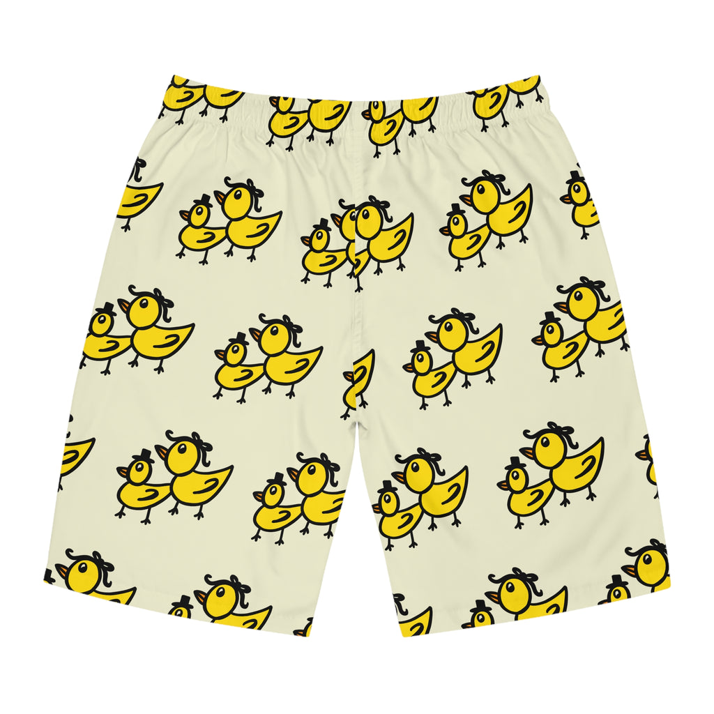 Hand-Drawn Yellow Duck Pattern Board Shorts | All-Over Print