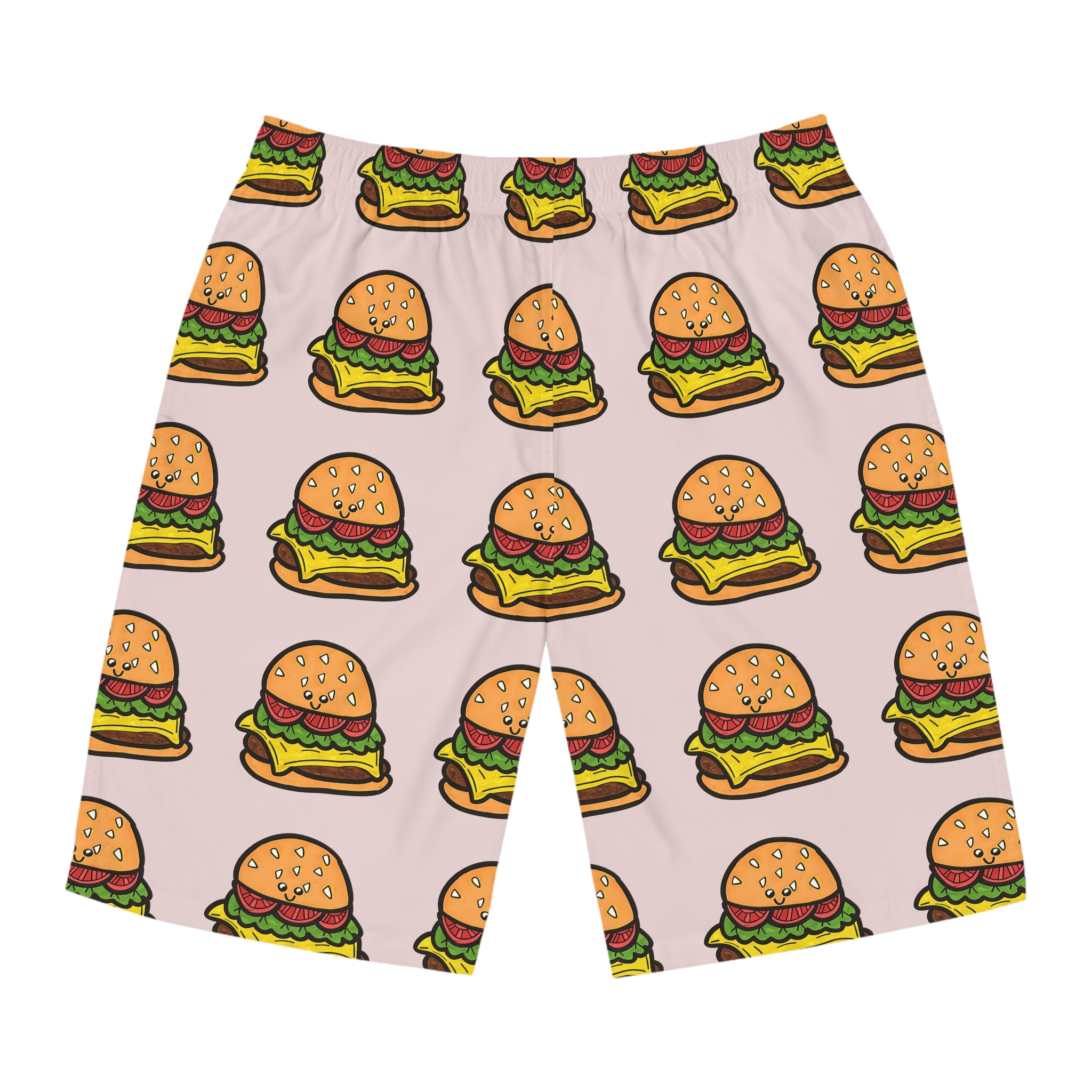 Hand-Drawn Cartoon Cheeseburger Pattern Board Shorts | All-Over Print