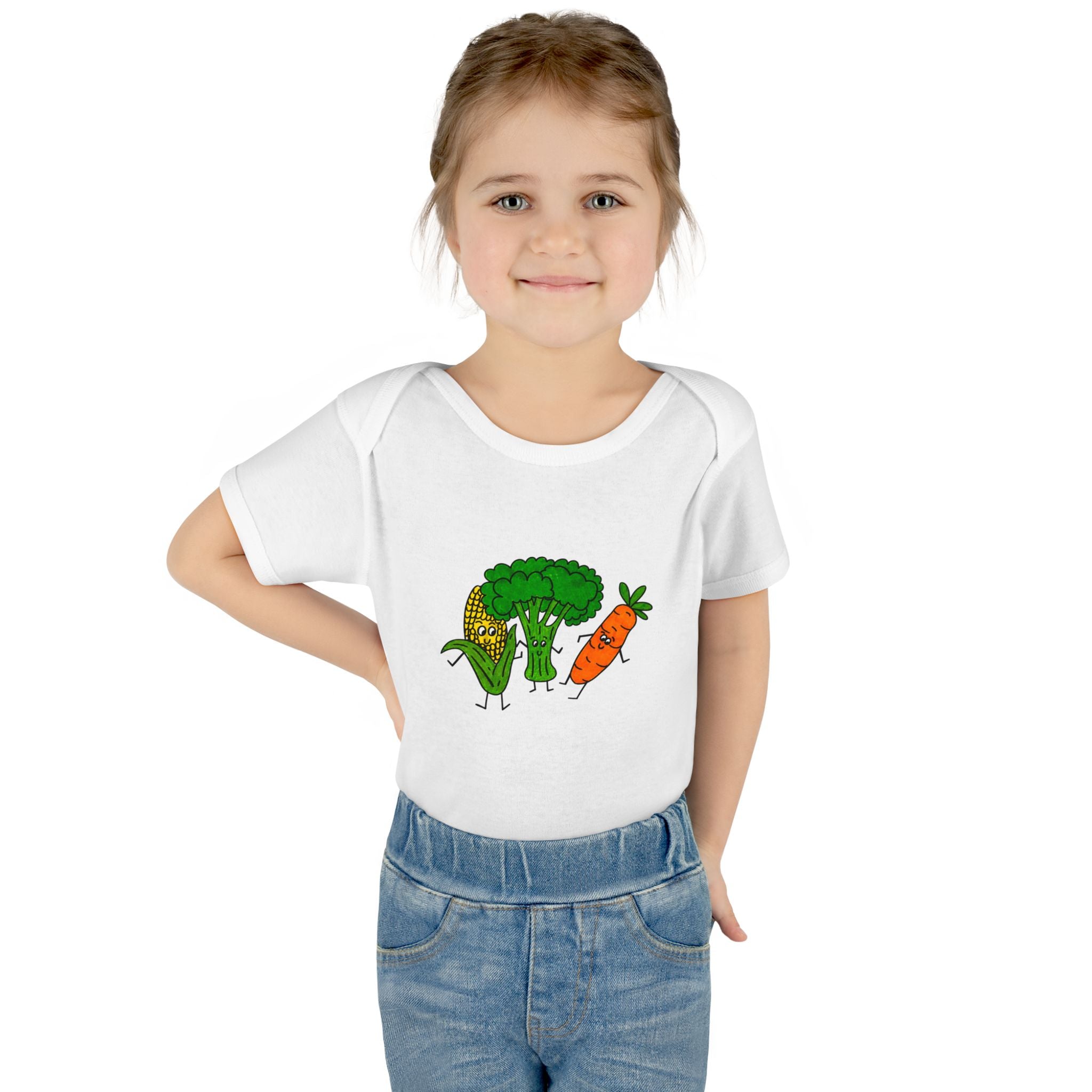 Hand-Drawn Happy Veggies Trio Infant Bodysuit | Corn Broccoli Carrot