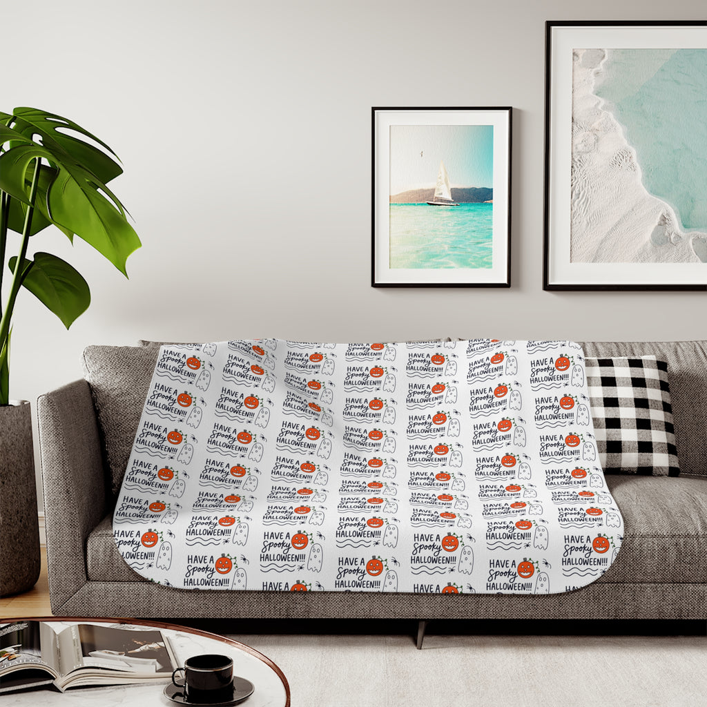 Hand-Drawn Have a Happy Halloween Sherpa Blanket | Hand-Drawn Ghosts, Spiders & Pumpkin